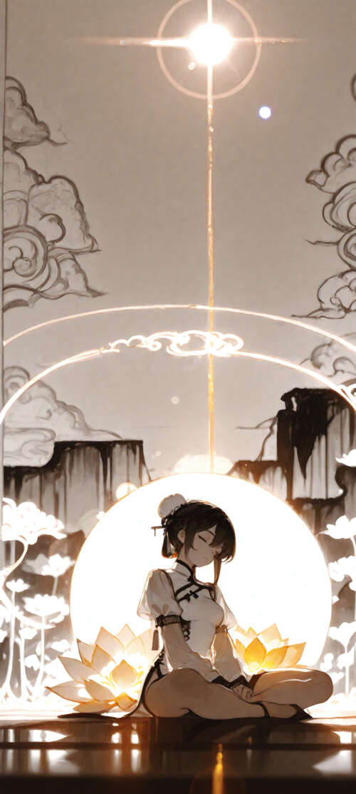 Dziewczyna w stylu anime, o białych włosach upiętych w dwa koki, medytuje w pozycji... Xiaomi 14