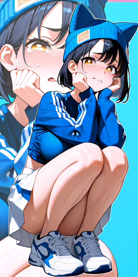 Ilustracja przedstawiająca całą postać płaczącej dziewczyny w stylu anime, z krótkimi,...