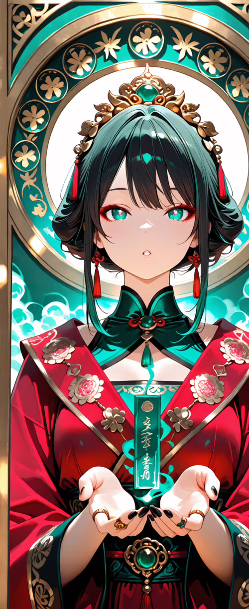 Kobieta w stylu anime, ubrana w tradycyjną chińską szatę w kolorach czerwonym i zielonym,... Samsung Galaxy Z Flip 5G