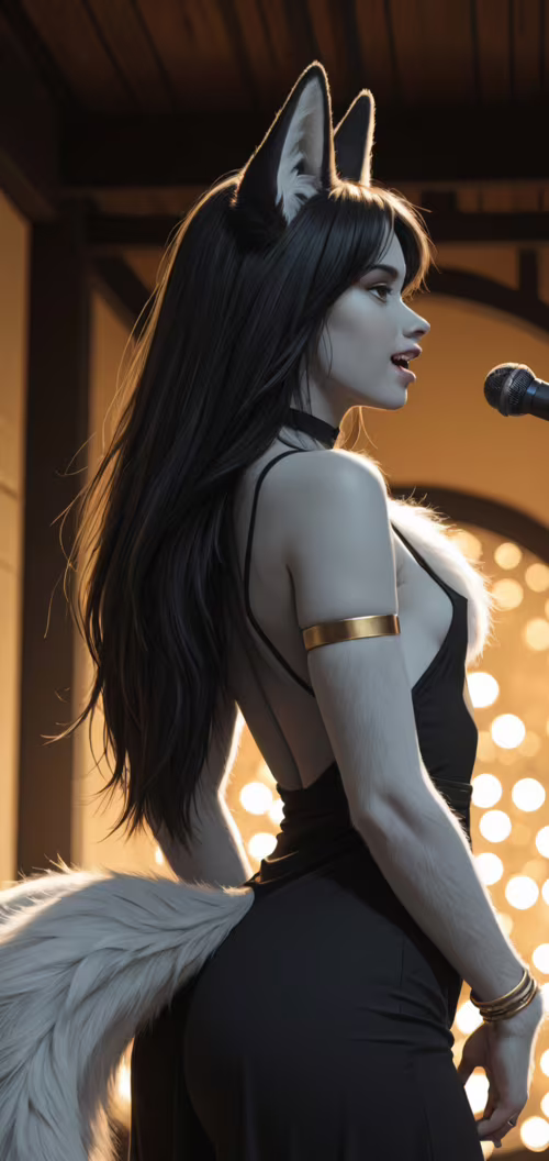 Kobieta o długich, czarnych włosach, z czarnymi uszami lisa i dużym, puszystym, czarno-białym... Nokia 2 dot 2