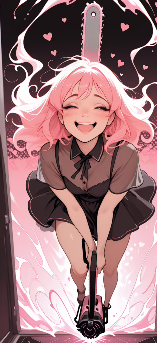 Animowana dziewczyna o różowych włosach, ubrana w strój pokojówki, śmieje się maniakalnie,... Blackview BV6100