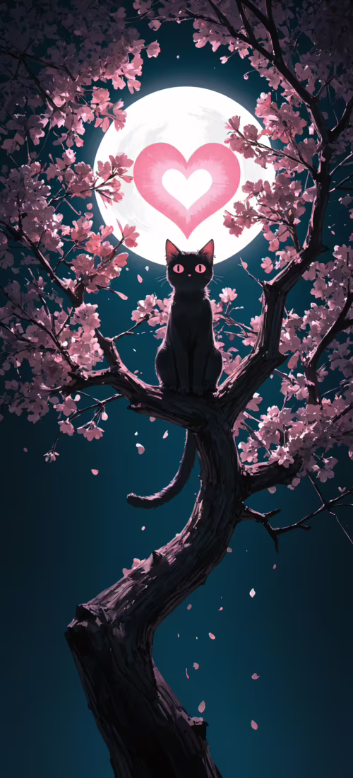 Czarny kot o dużych, różowych oczach i świecącym, różowym sercu na piersi siedzi... Huawei Mate 40