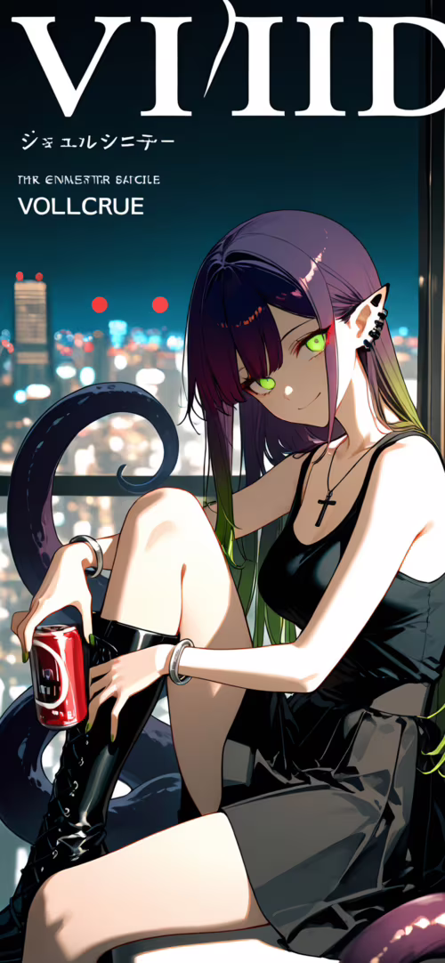 Dziewczyna w stylu anime, o długich, fioletowo-zielonych włosach, świecących zielonych... Apple iPhone 11