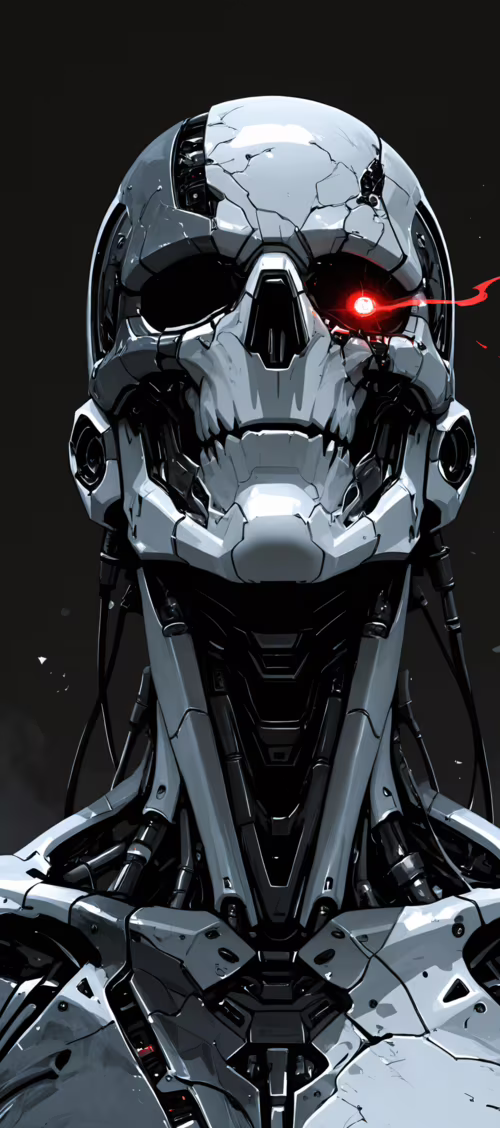 Portret robota przedstawiający jego przednią część: biały szkielet z czerwono świecącymi... Infinix Zero 40