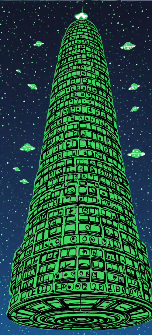 Duży, zielony, przypominający latający spodek obiekt z kreskówki, wyposażony w świecące...