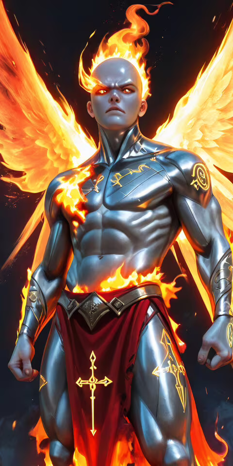 Cyfrowe malowidło przedstawiające anioła o potężnej budowie ciała, łysą głową i srebrzystą... Doogee S40 Lite