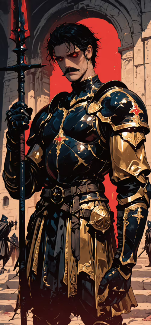 Masywny, ciemnowłosy wojownik z wąsami i płonącymi czerwonymi oczami, ubrany w bogato... Huawei P30 Lite