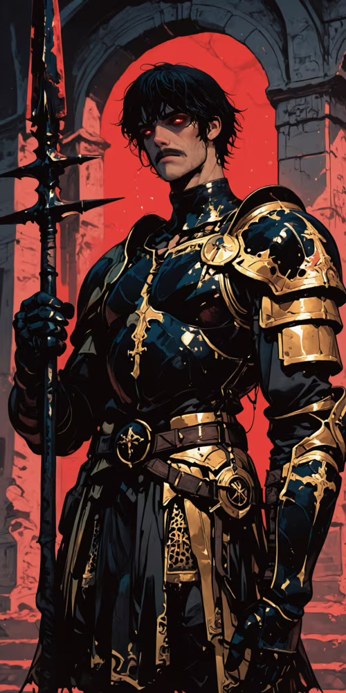 Masywny, ciemnowłosy wojownik z wąsami i płonącymi czerwonymi oczami, ubrany w bogato... Alcatel 1X 2019