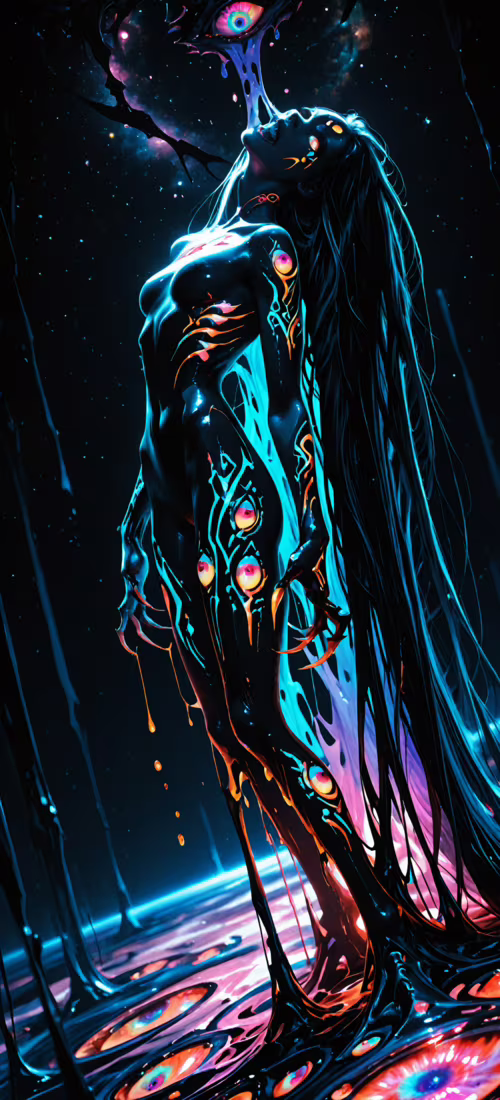 W kałuży kolorowej, kosmicznej mazi stoi wysokie, smukłe, nadprzyrodzone stworzenie...