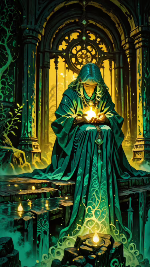 Pełnowymiarowa, cyfrowa ilustracja przedstawiająca mądrego, starszego mędrzca o białych...