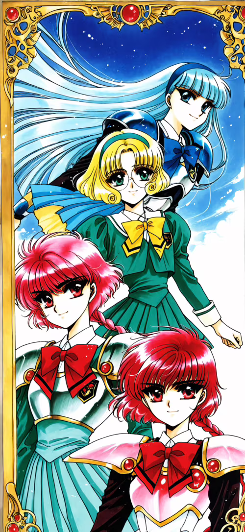 Ilustracja przedstawiająca Hikaru Shidou, Umi Ryuuzaki i Fuu Hououji w pełnym ubraniu,...