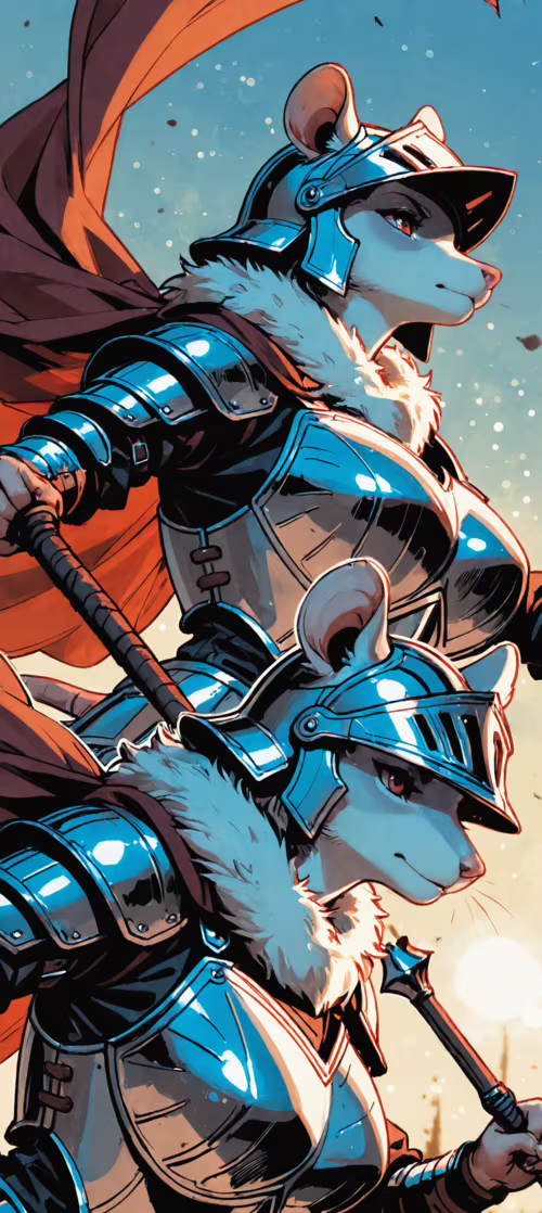 Cyfrowa ilustracja przedstawiająca antropomorficzną mysz, wojowniczkę, w pełnej płytowej... Honor 200 Pro