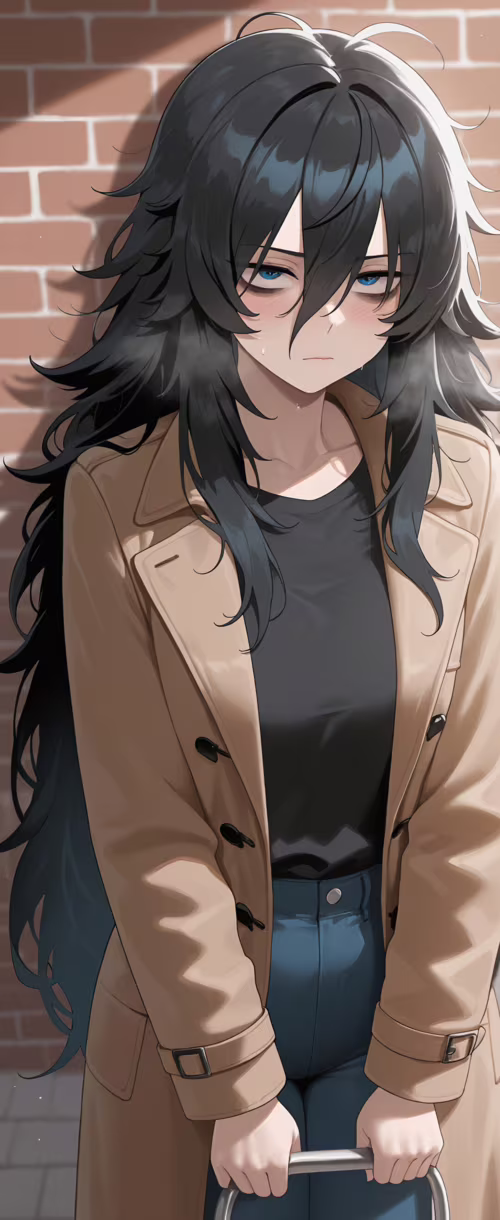 Dziewczyna w stylu anime, o długich, potarganych, czarnych włosach i zmęczonych,... Samsung Galaxy Z Flip 5G