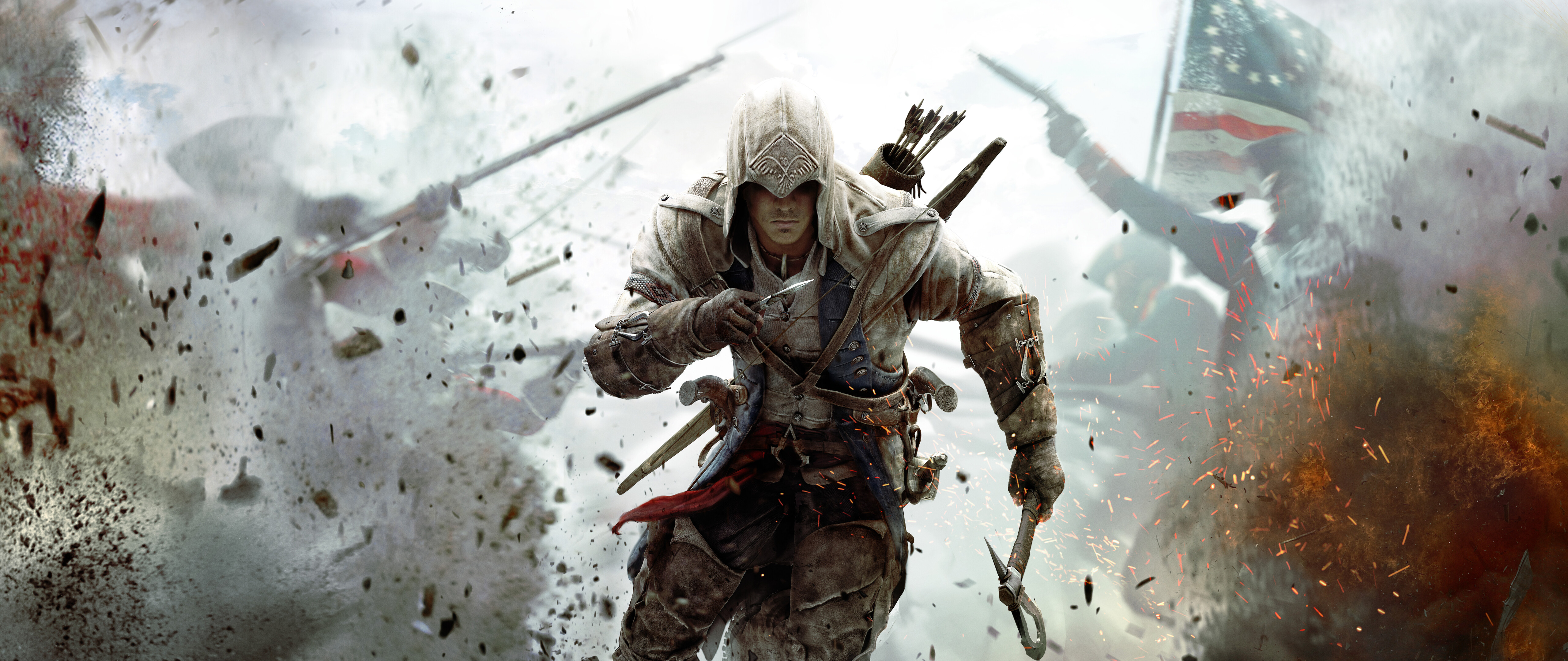 Connor Kenway z gry Assassin's Creed III, ubrany w charakterystyczny strój i kaptur zabójcy.