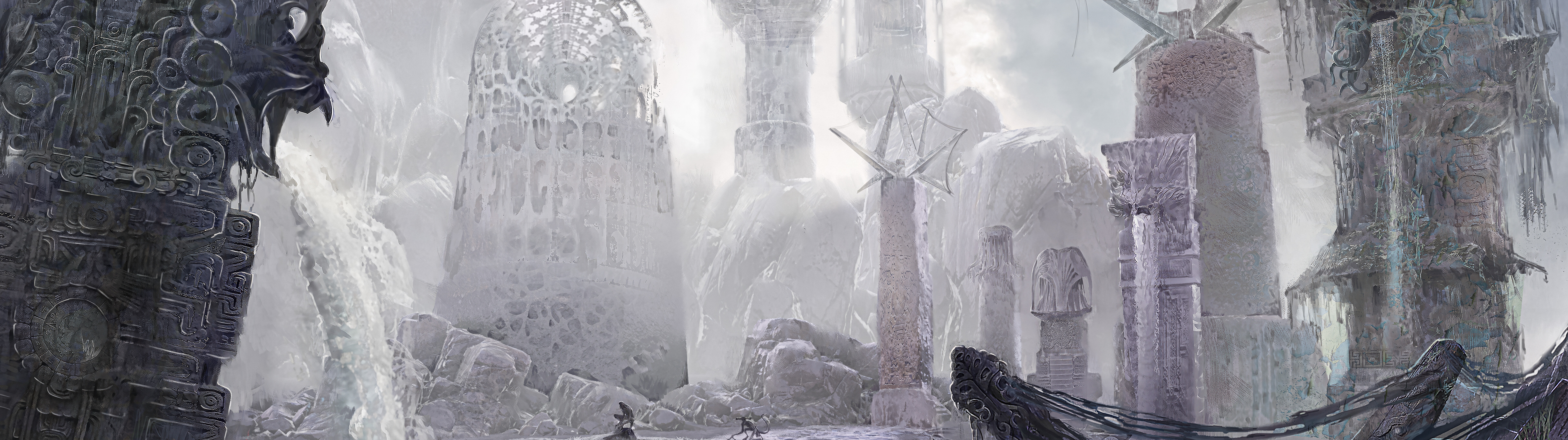 Detektyw stojący pośród zrujnowanych, starożytnych ruin, pod złowrogim niebem, w scenerii inspirowanej atmosferą opowiadania „Sherlock Holmes: Alwaken”.