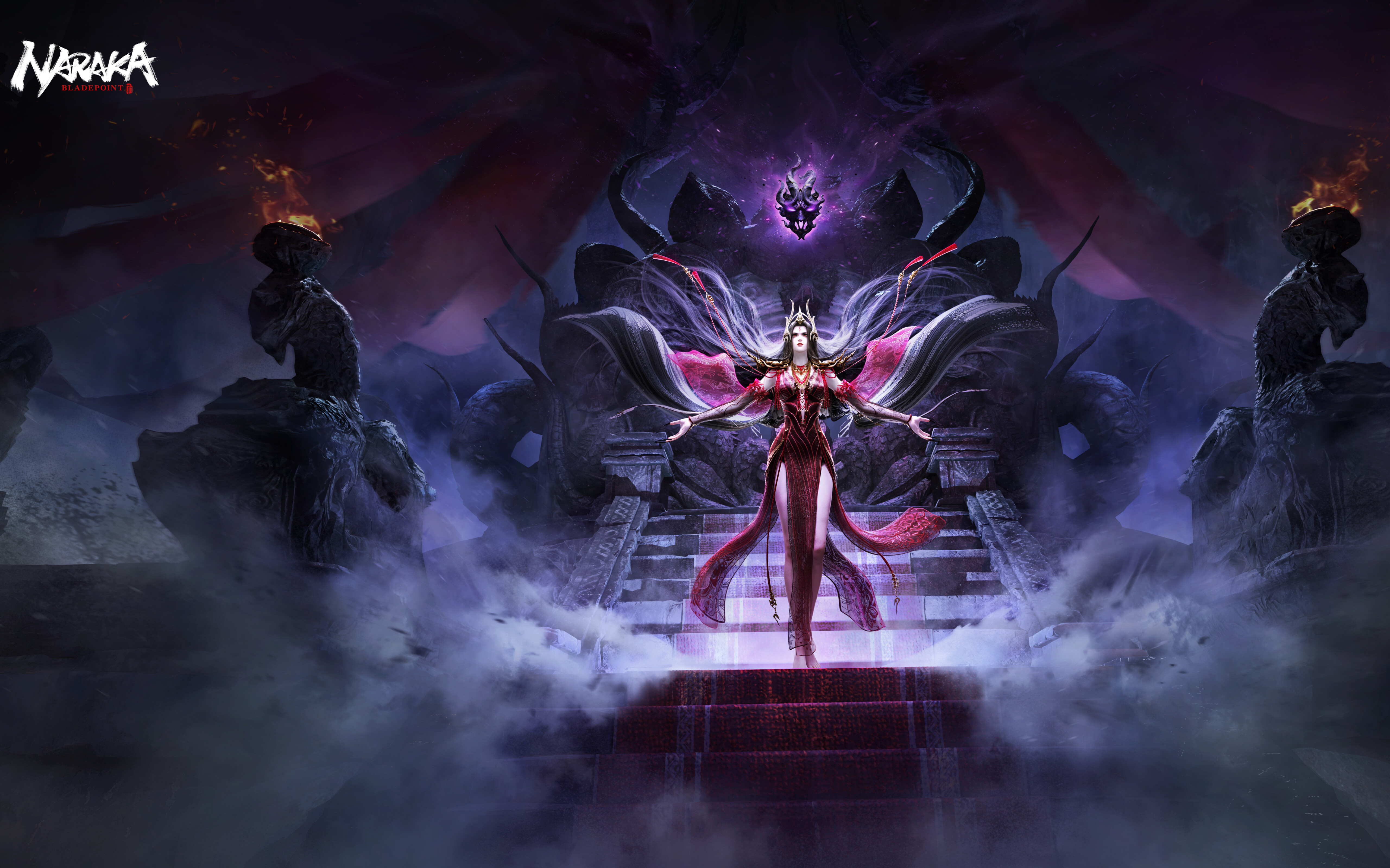 Tajemnicza postać czarownicy, zainspirowana grą wideo Naraka: Bladepoint, charakteryzująca się mrocznym, fantastycznym stylem i mistyczną energią.