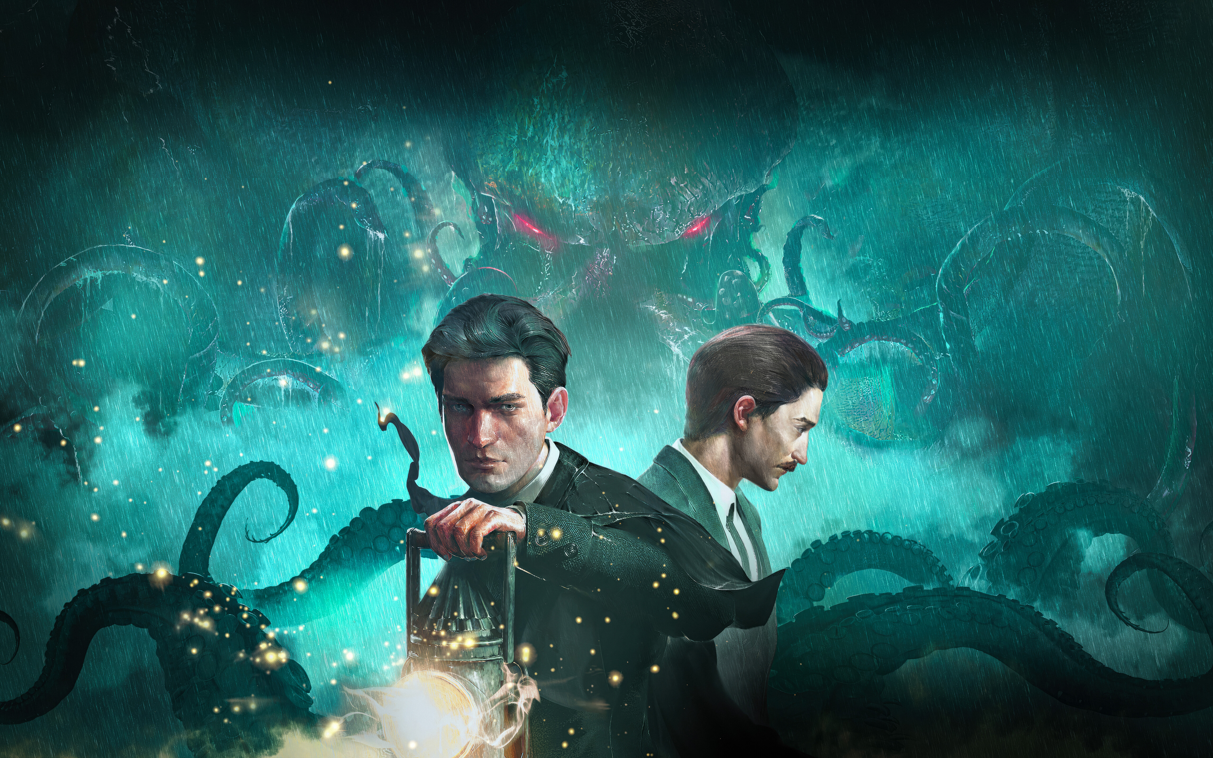 Groźny potwór o ciemnych, łuskowatych mackach, czający się w ulewnym deszczu, przypominający kosmiczne elementy grozy z gry „Sherlock Holmes: The Awakened”.