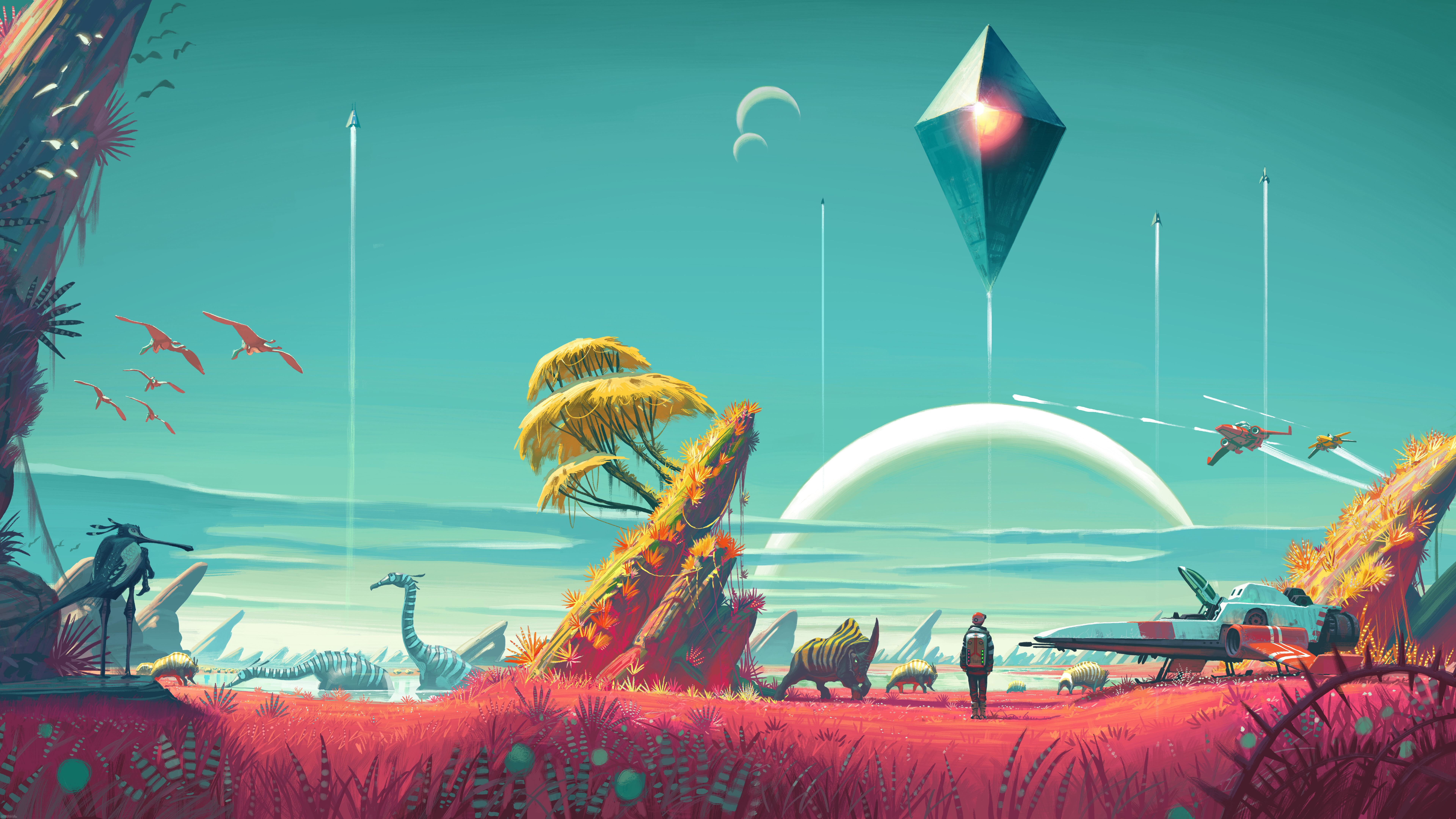 Bohater science fiction, znany jako Wędrowiec z gry No Man's Sky, eksploruje barwny, obcy krajobraz planety, pełen egzotycznej roślinności.
