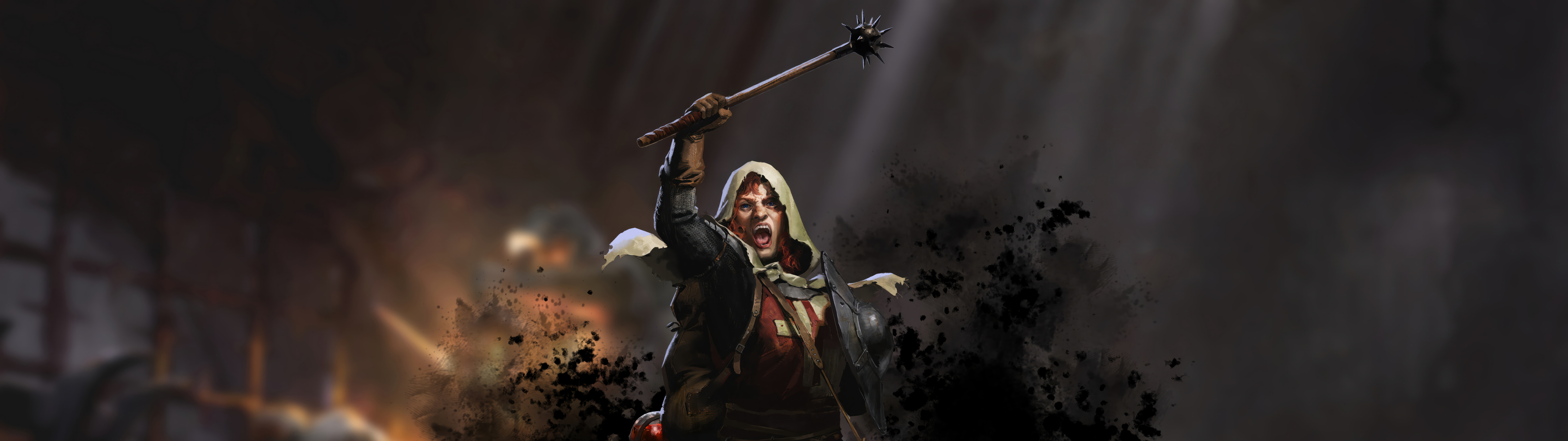 Mroczny bohater fantasy, ubrany w ciężką, średniowieczną zbroję, stoi na słabo oświetlonym, kamiennym korytarzu lochu, a jego wygląd inspirowany jest grą „Dark and Darker”.