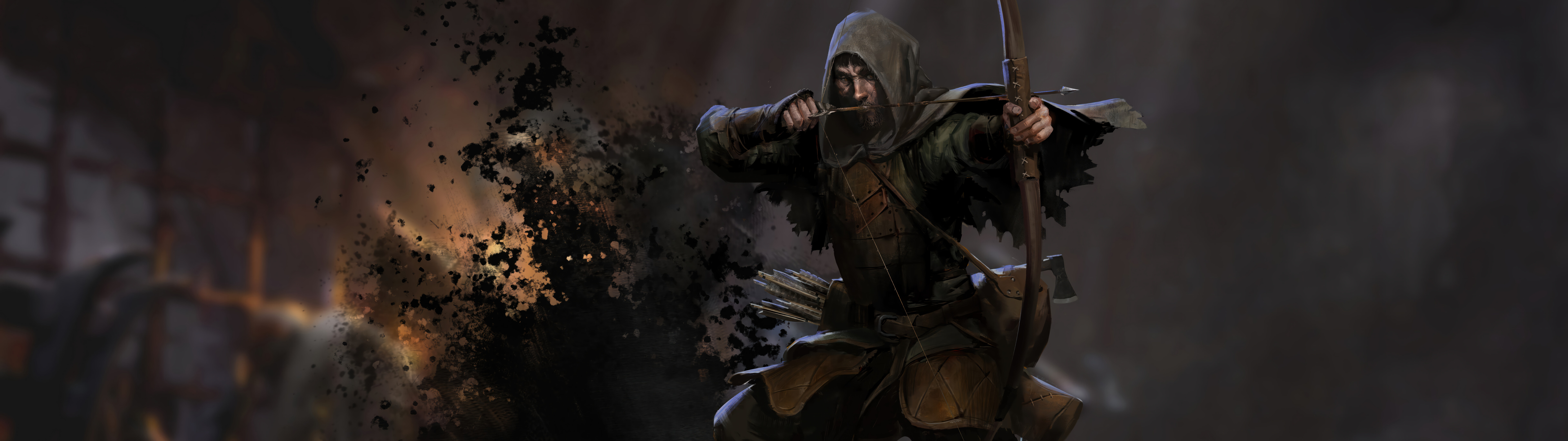 Mroczny wojownik z gatunku fantasy przemierza słabo oświetlony, kamienny korytarz lochu, którego wygląd inspirowany jest grą wideo „Dark and Darker”.