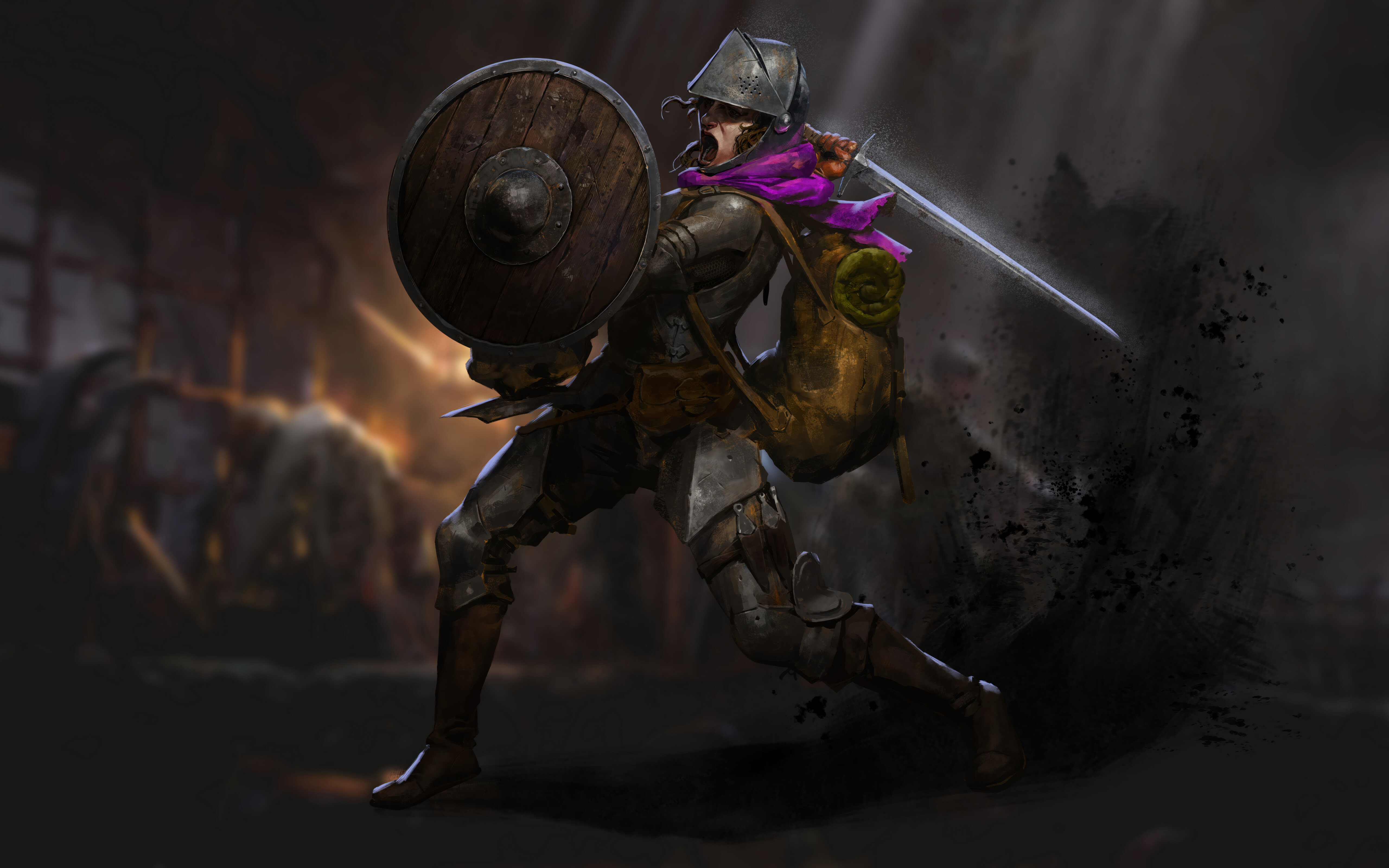 Dobrze opancerzony bohater fantasy, przemierzający mroczny, kamienny korytarz lochu, a w ręku trzyma latarnię – scena inspirowana grą Dark and Darker.