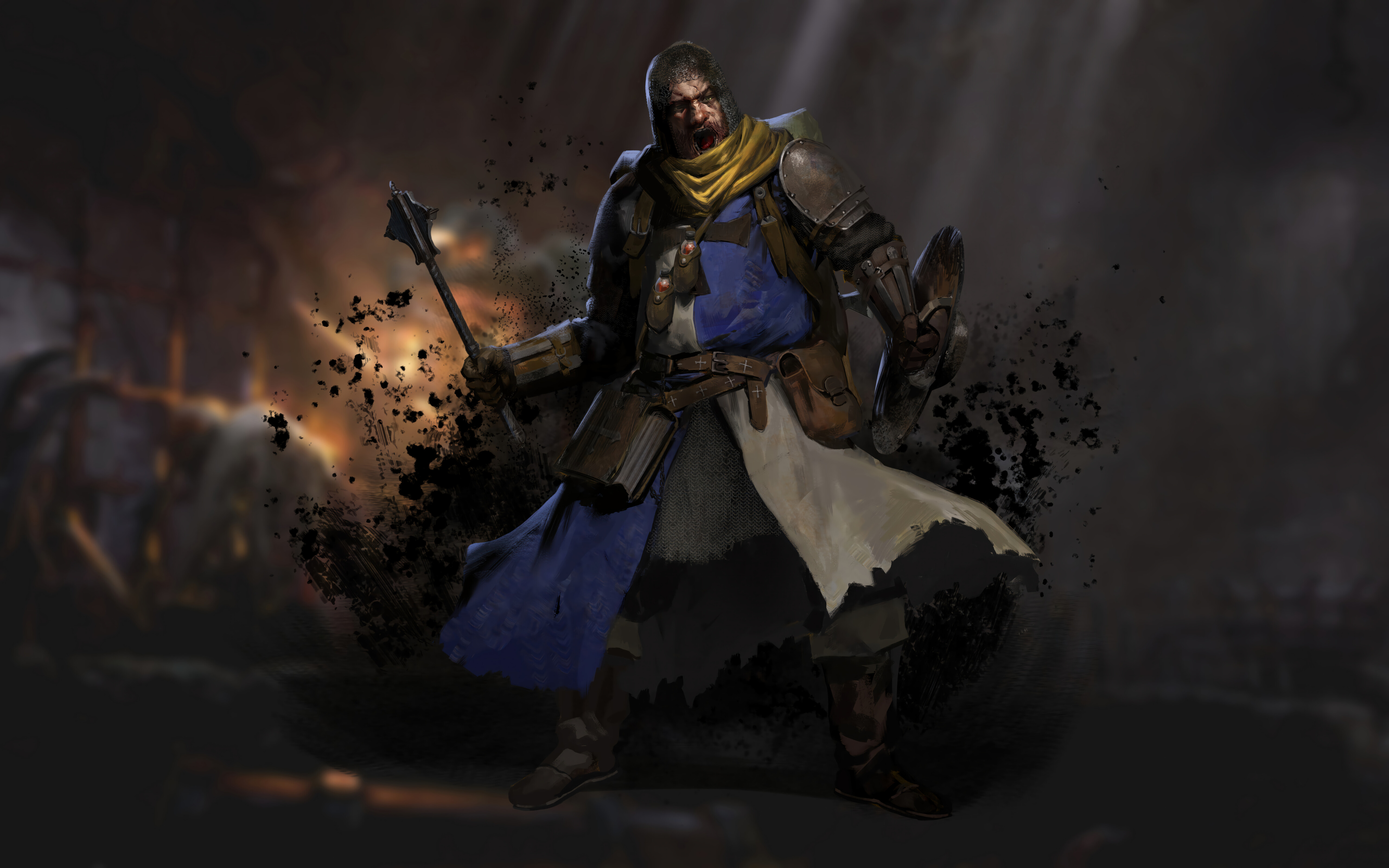 Mroczna postać ze świata fantasy, ukryta w cieniu, w scenerii średniowiecznego lochu.