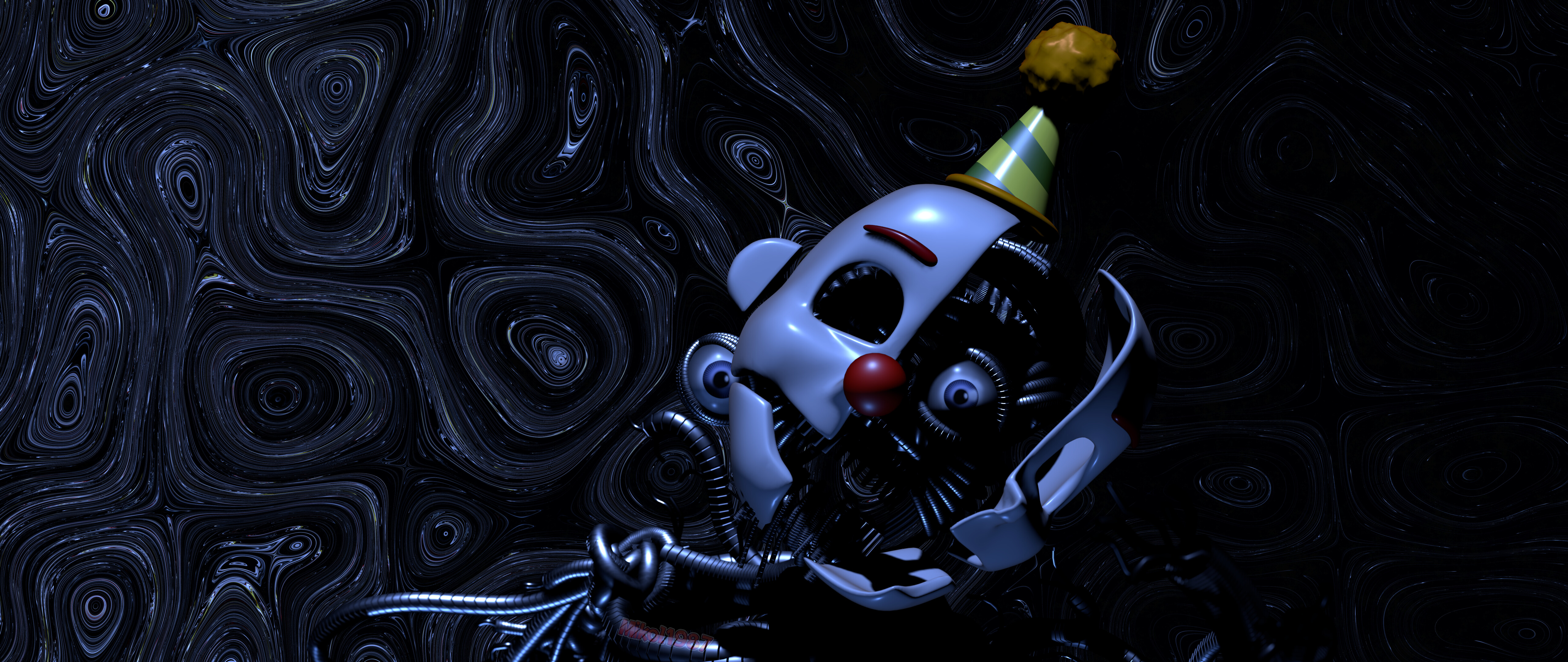 Zbliżenie na animatronicznego bohatera o imieniu Ennard z gry Five Nights at Freddy's: Sister Location, ukazujące skomplikowaną sieć przewodów i świecące oczy.