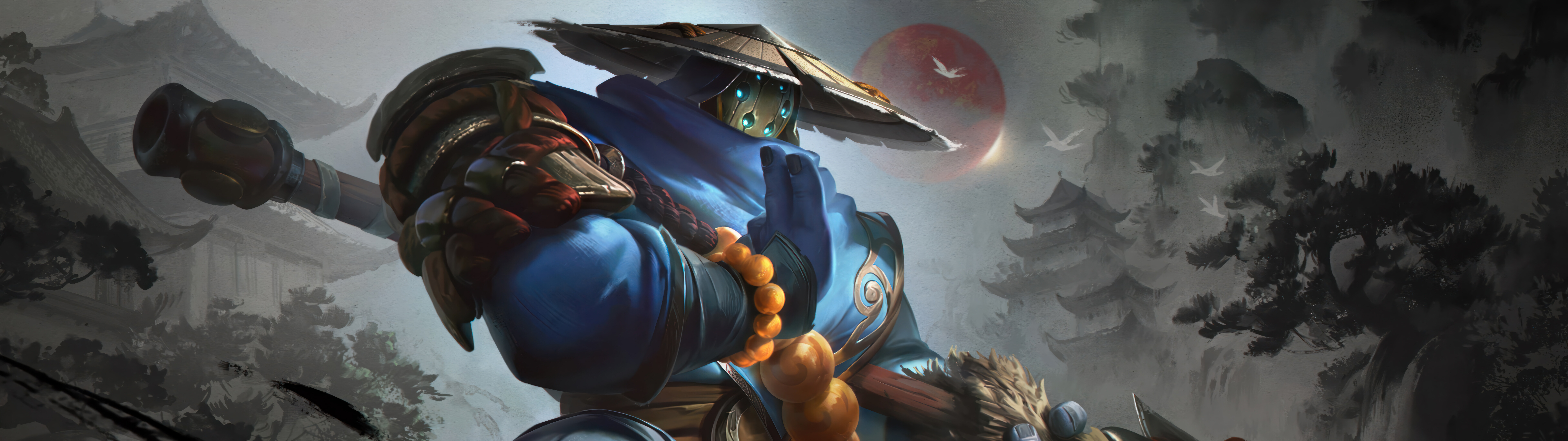 Koncept postaci Jax z gry League of Legends, inspirowany estetyką samurajską, przedstawiający go w bogato zdobionej, tradycyjnej zbroi.