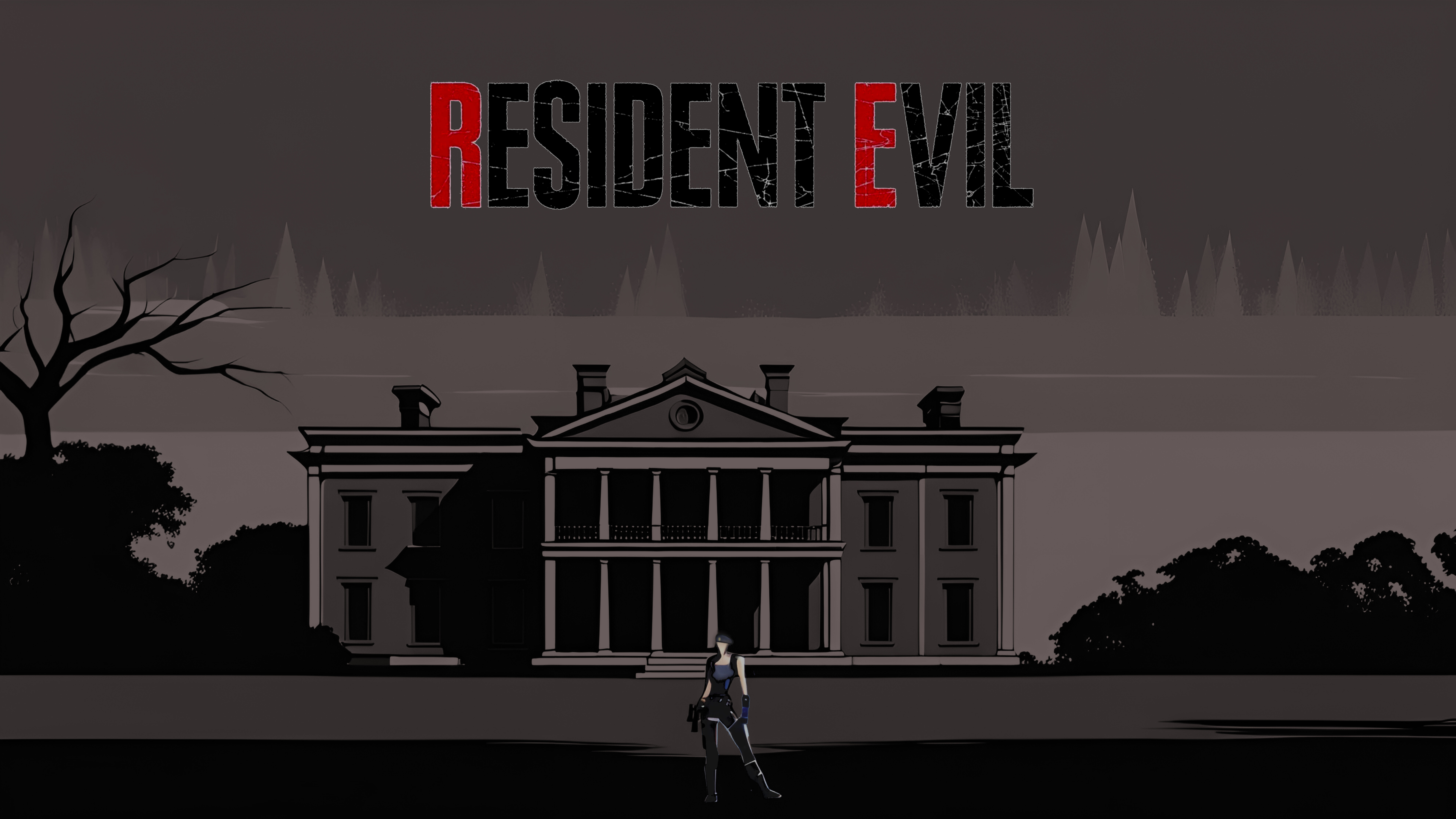 Jill Valentine z serii Resident Evil walczy z zombie w mrocznym, pełnym napięcia korytarzu opuszczonej rezydencji.