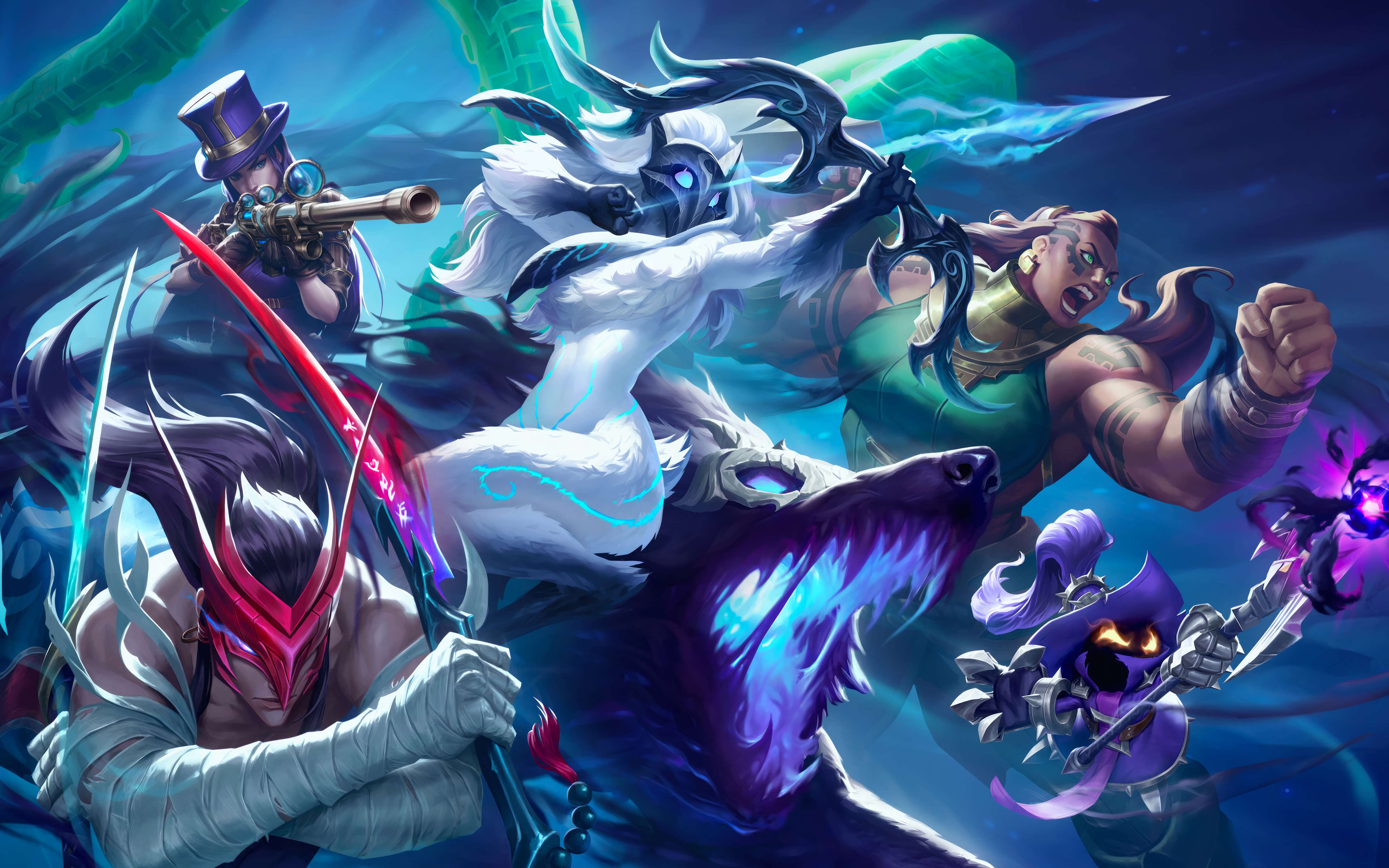 Oszałamiająca kompozycja przedstawiająca postacie z gry League of Legends: Yone, Kindred i Illaoi.
