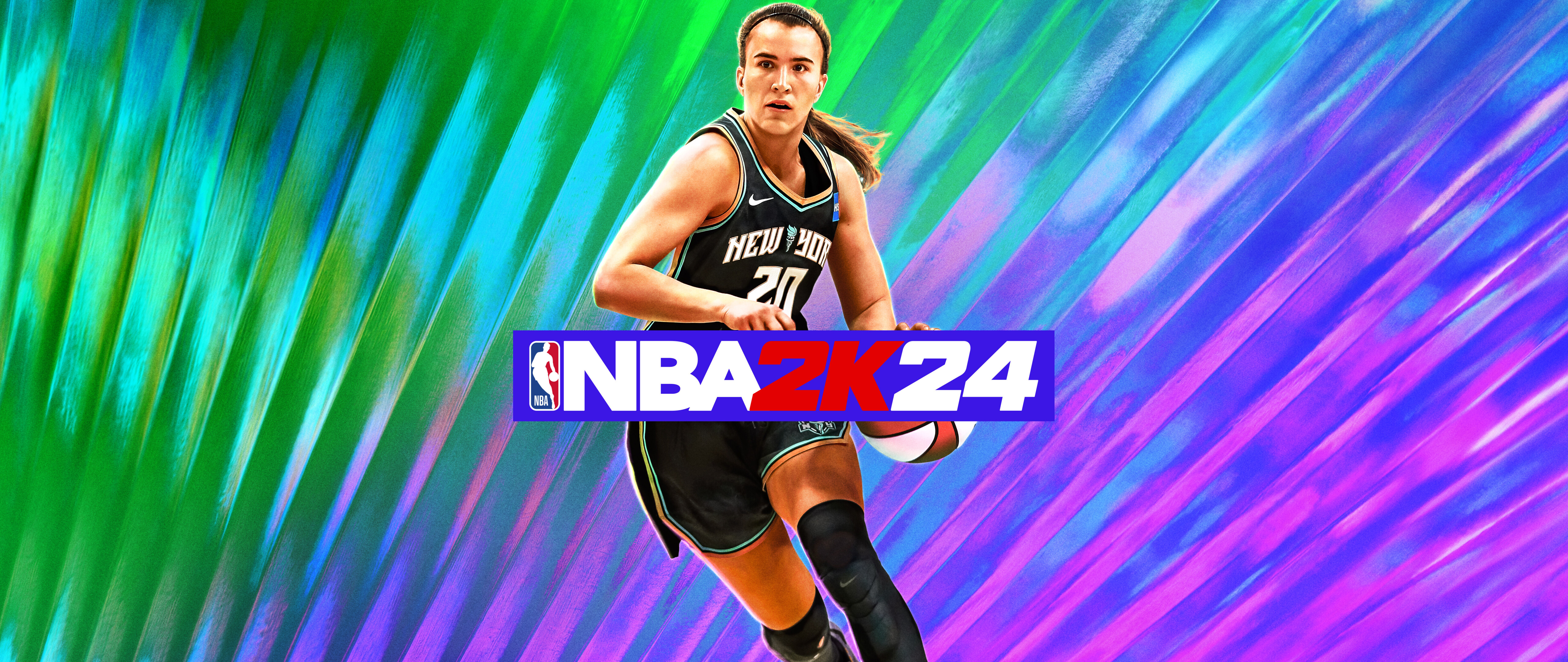 Profesjonalny koszykarz wykonuje dynamiczny ruch na rozświetlonym boisku hali, nawiązując do efektów wizualnych z gry NBA 2K24.