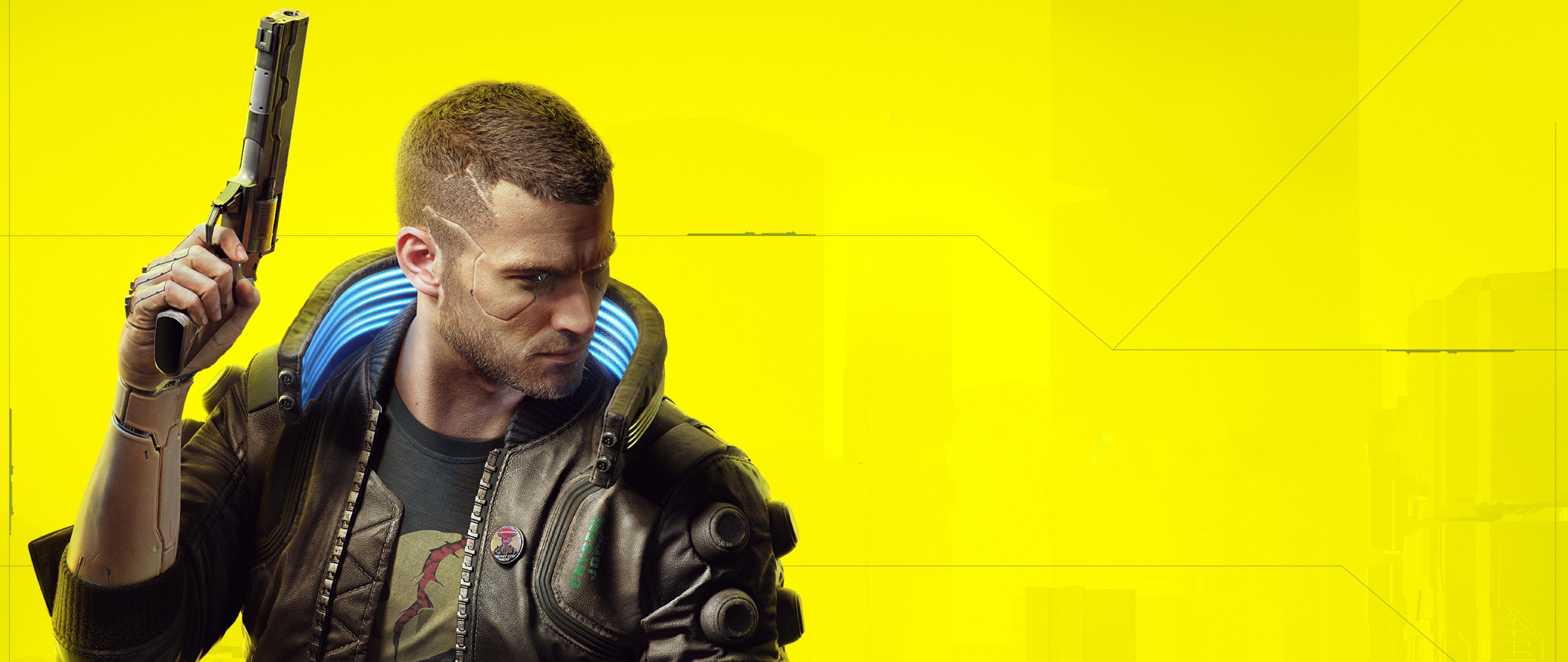 Futurystyczna postać z niebieskimi, świecącymi cybernetycznymi ulepszeniami, stojąca w mrocznym, spowitym deszczem, cyberpunkowym miejskim otoczeniu.