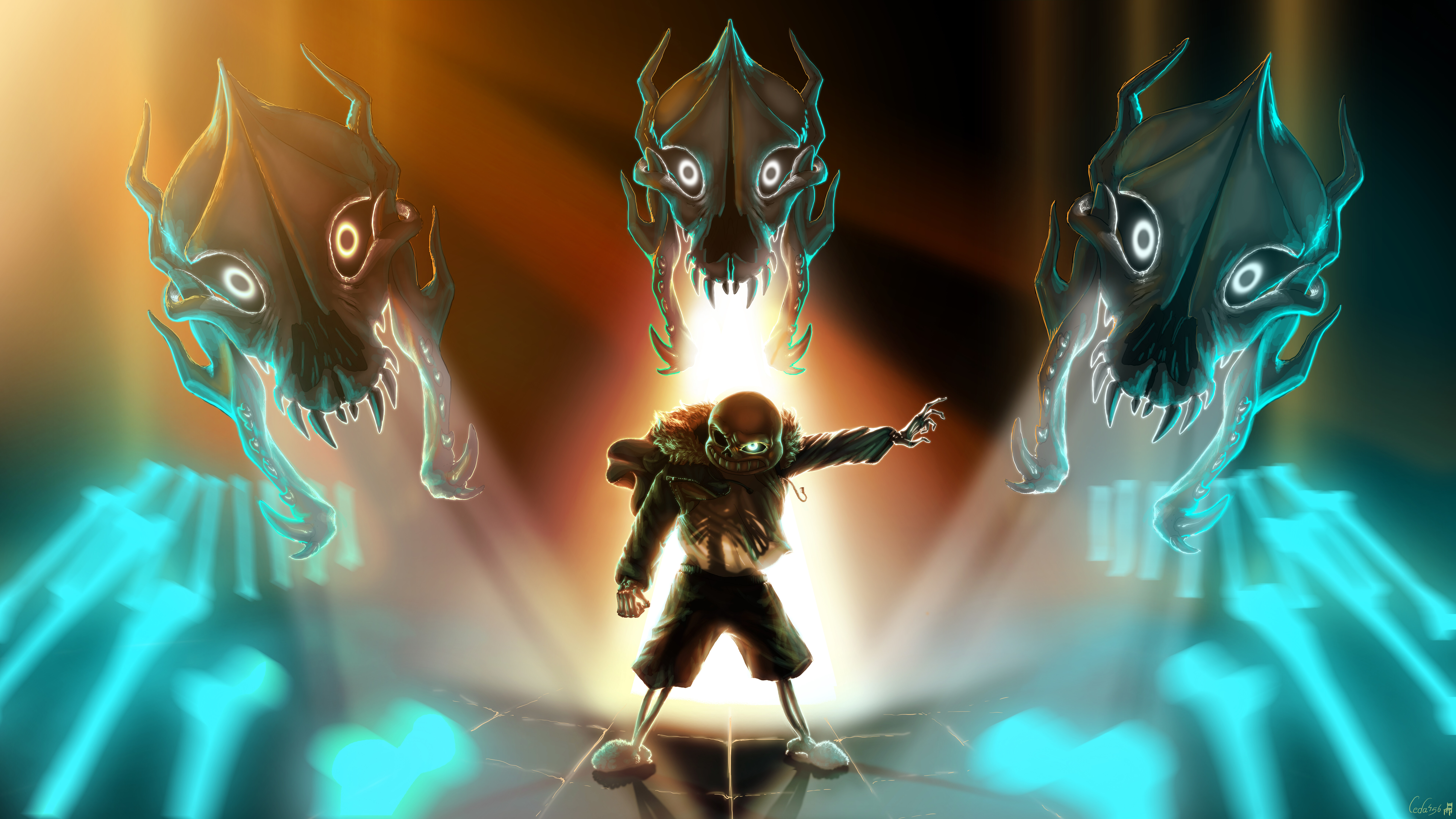 Sans, postać ze znanej gry wideo Undertale, prezentuje swój charakterystyczny szkieletowy wygląd i swobodny strój.