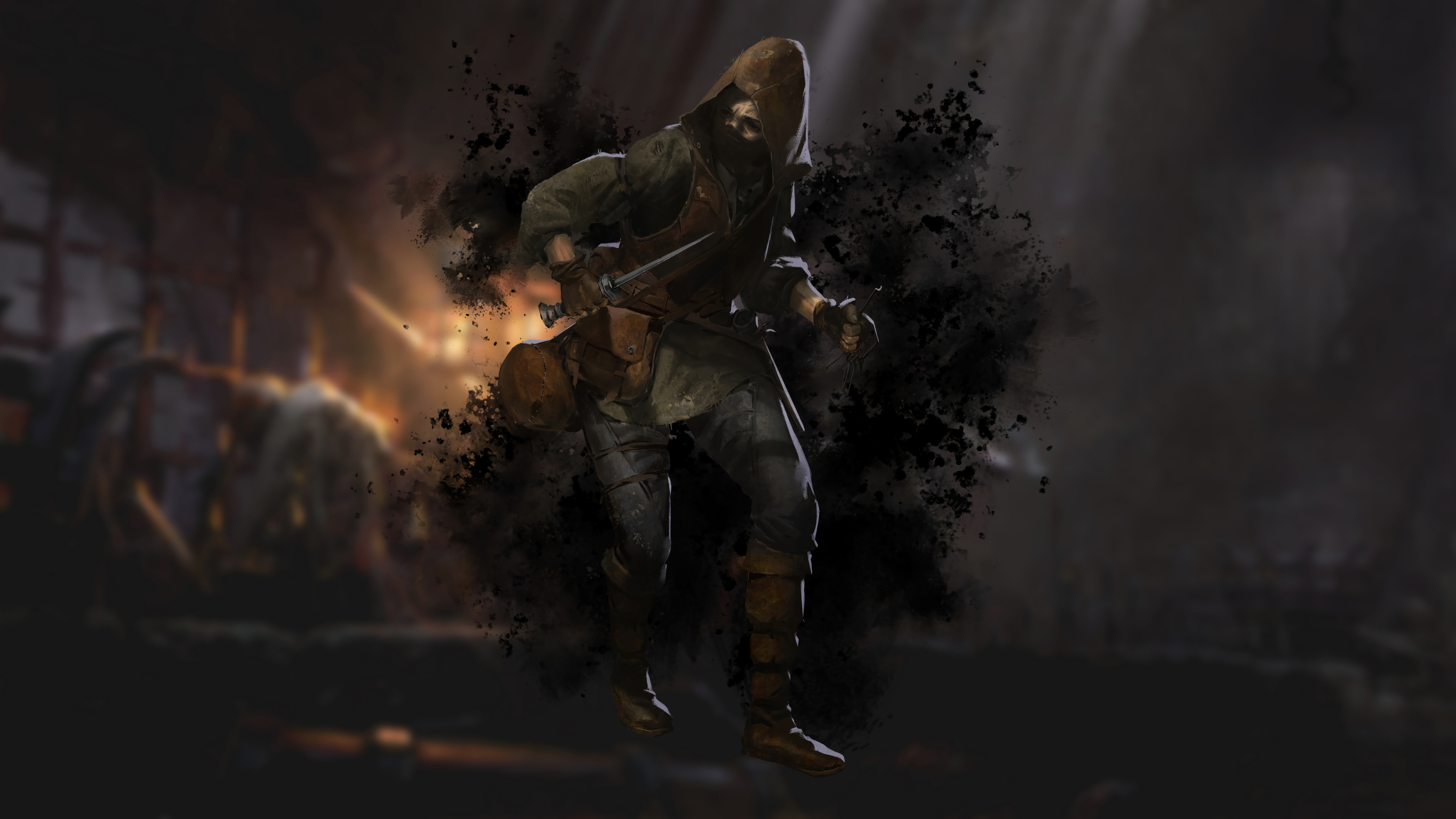 Dobrze opancerzony średniowieczny wojownik przemierzający mroczne, oświetlone pochodniami kamienne lochy, inspirowane grą Dark and Darker.