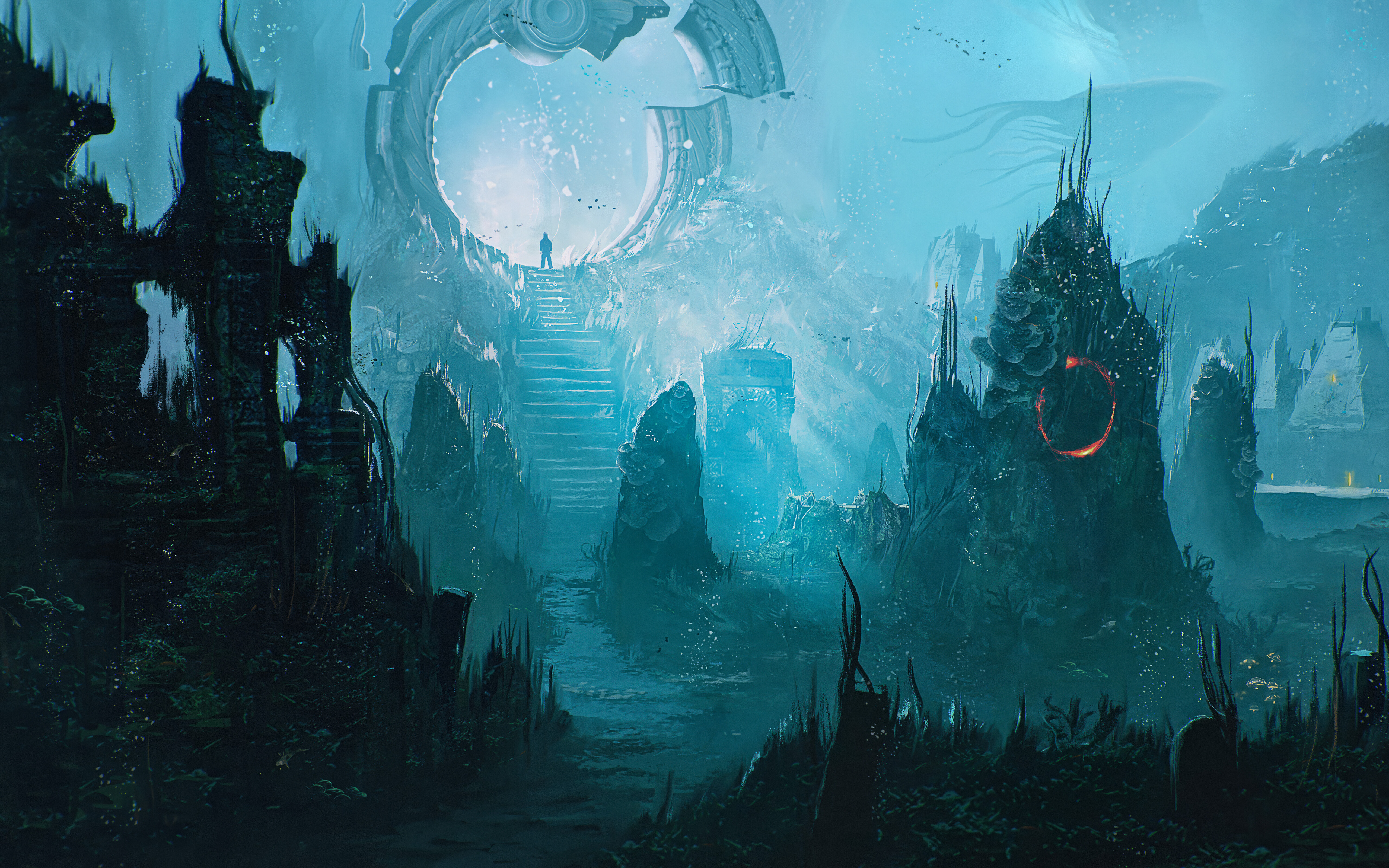 Widok z głębin oceanu na starożytne, zrujnowane kamienne budowle, pogrążone w ciemnoniebieskiej wodzie. Inspiracją do stworzenia tego obrazu była gra „Sherlock Holmes: The Awakened”.