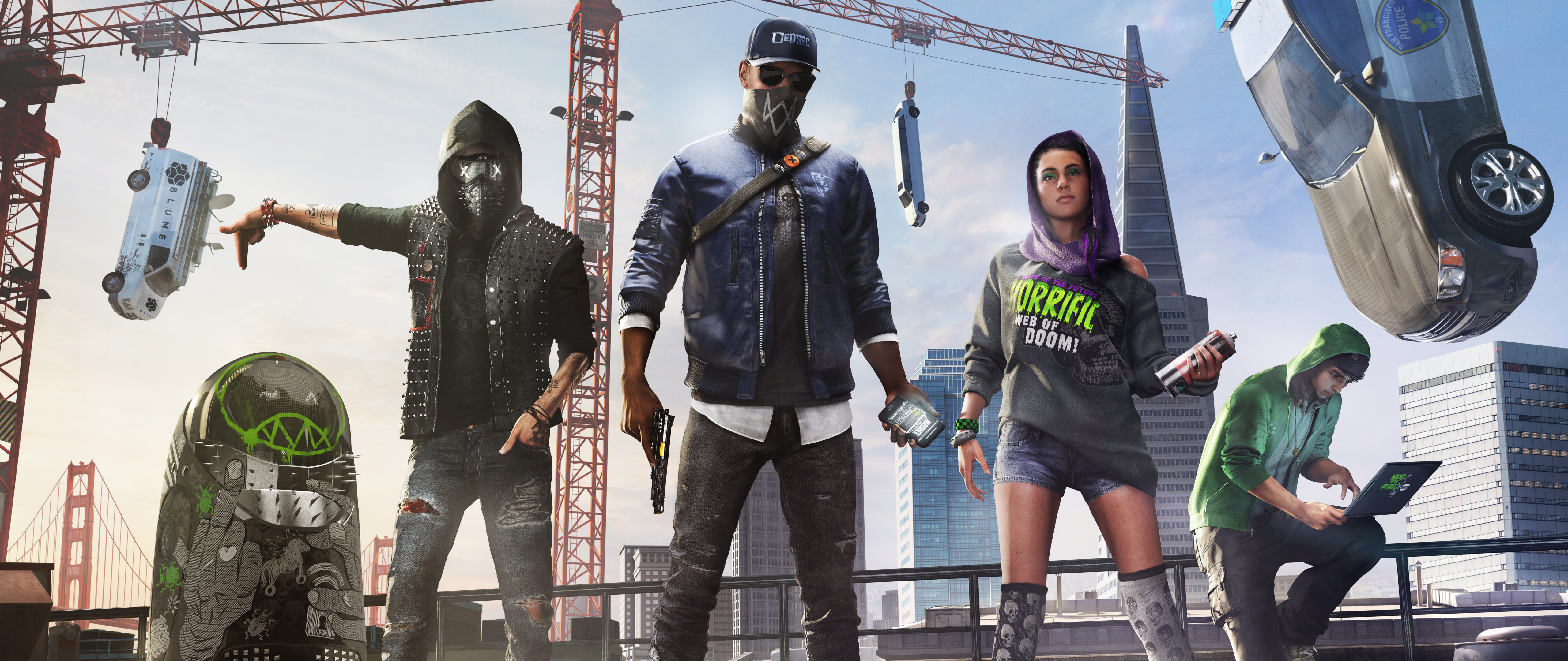 Zdjęcie grupowe przedstawiające postacie z gry wideo Watch Dogs 2: Marcusa Hollowaya, Sitarę Dhawan i Wrencha.