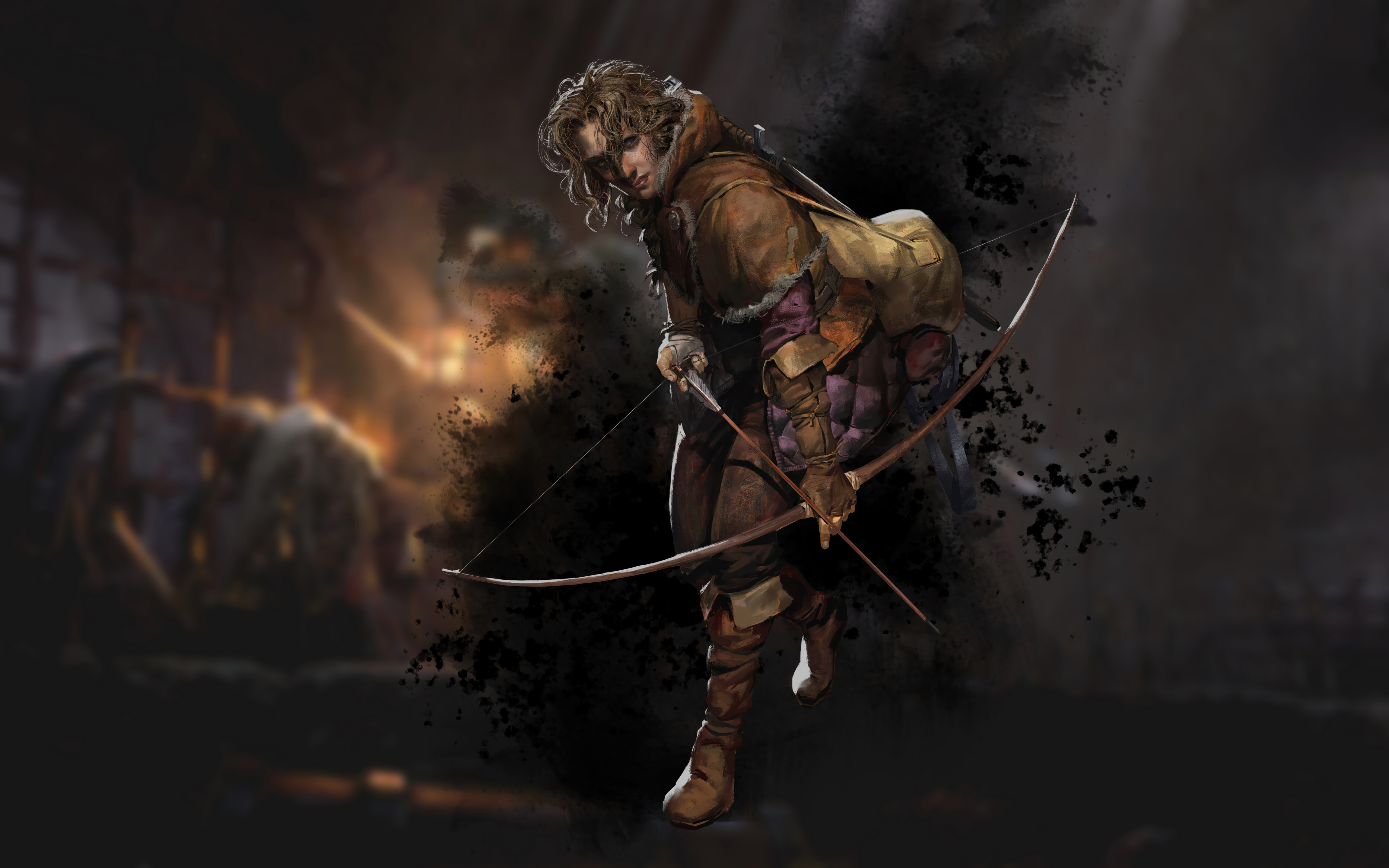 Zamaskowany przestępca, uzbrojony, stoi w słabo oświetlonym, kamiennym średniowiecznym lochu.