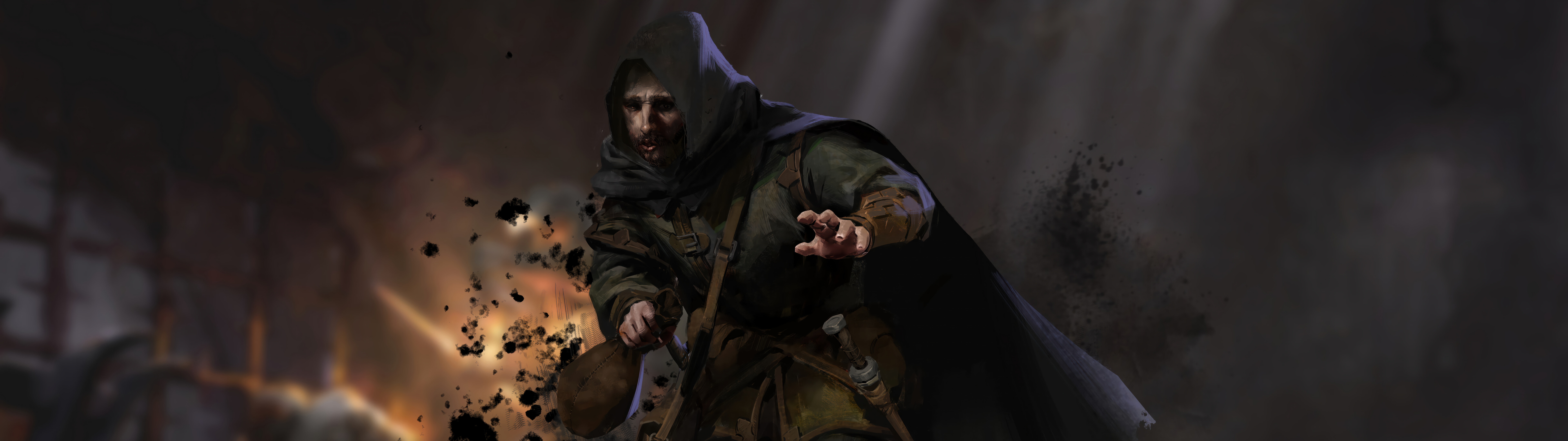 Mroczny wojownik w ciężkiej zbroi, stojący w ciemnym, oświetlonym pochodniami korytarzu lochu, scena z gry Dark and Darker.