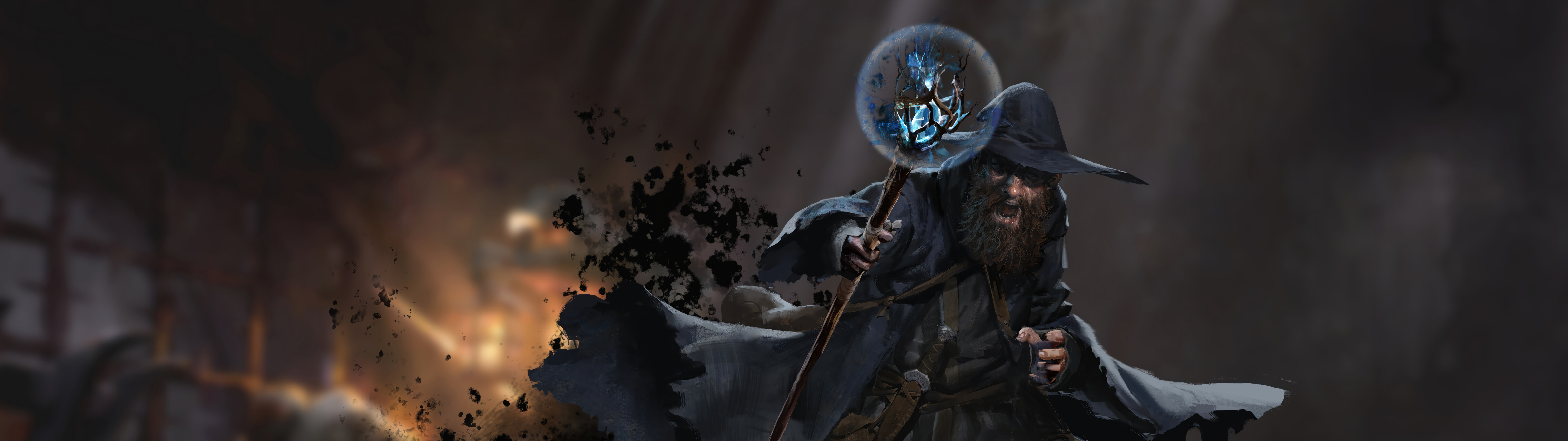 Mroczny mag z gatunku fantasy, pochodzący z gry Dark and Darker, trzymający świecący, magiczny kostur w ponurej, pełnej atmosfery loch.