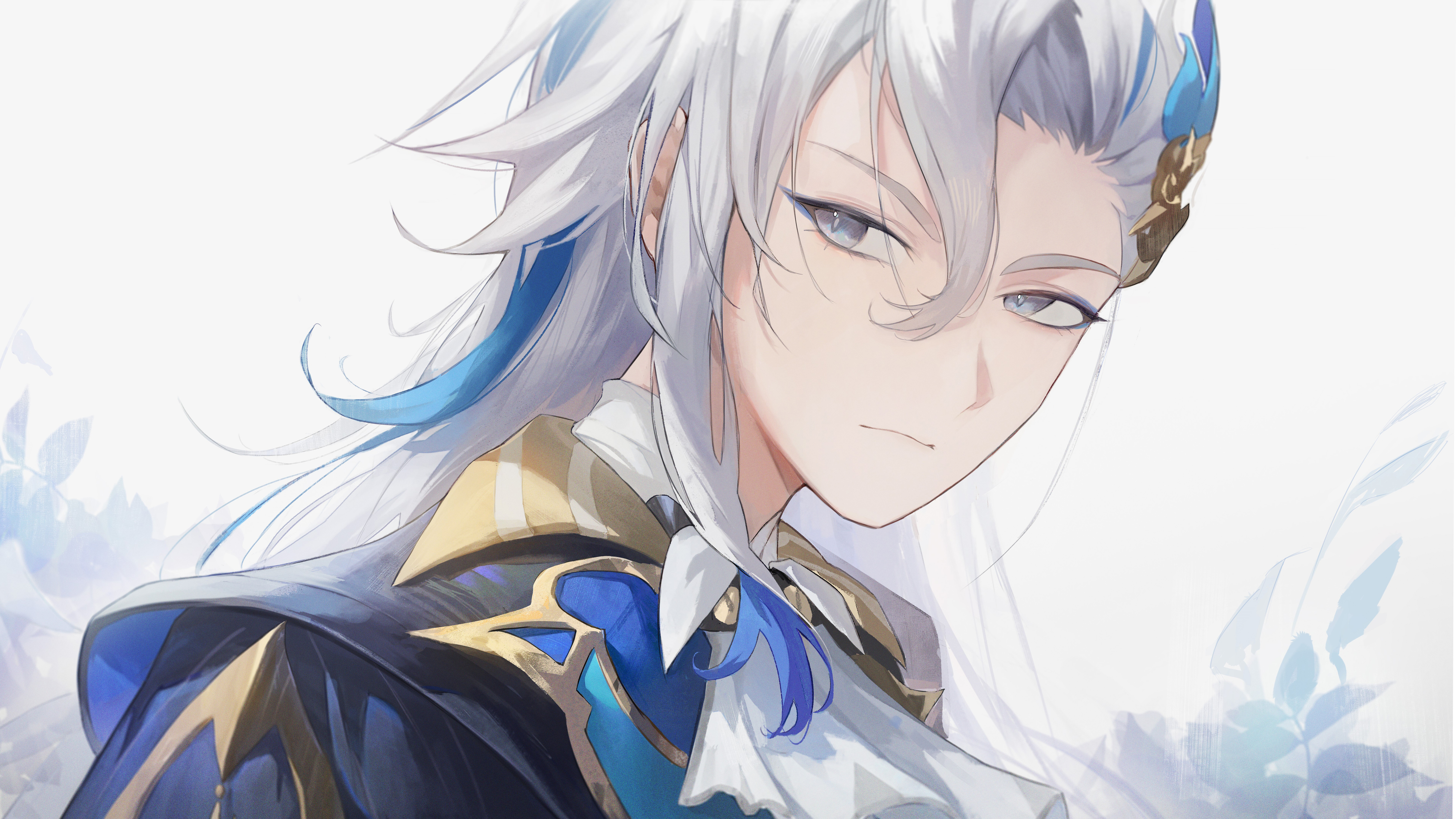 Doskonałe przedstawienie Neuvillette’a z gry Genshin Impact, eksponujące jego elegancki strój i pełne władzy spojrzenie.