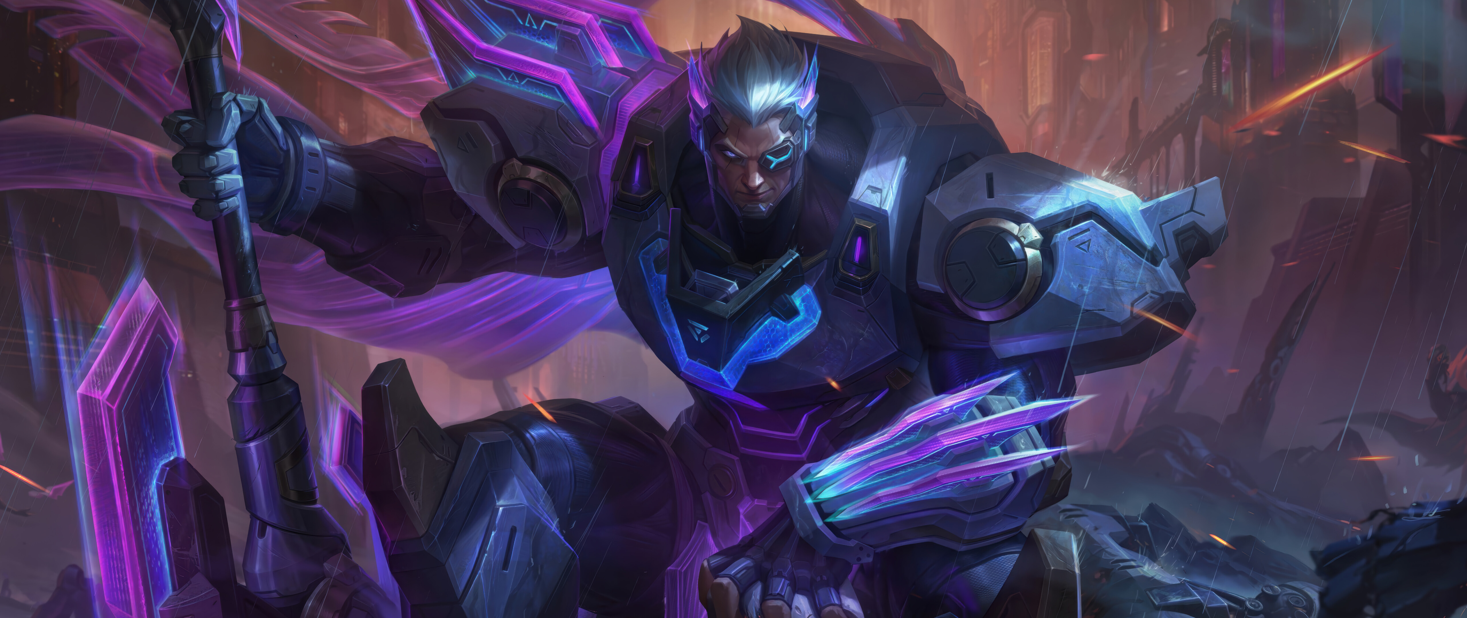 Szczegółowy portret Dariusa z gry League of Legends, przedstawiający go w ciężkiej, noksańskiej zbroi, w złowieszczej atmosferze.