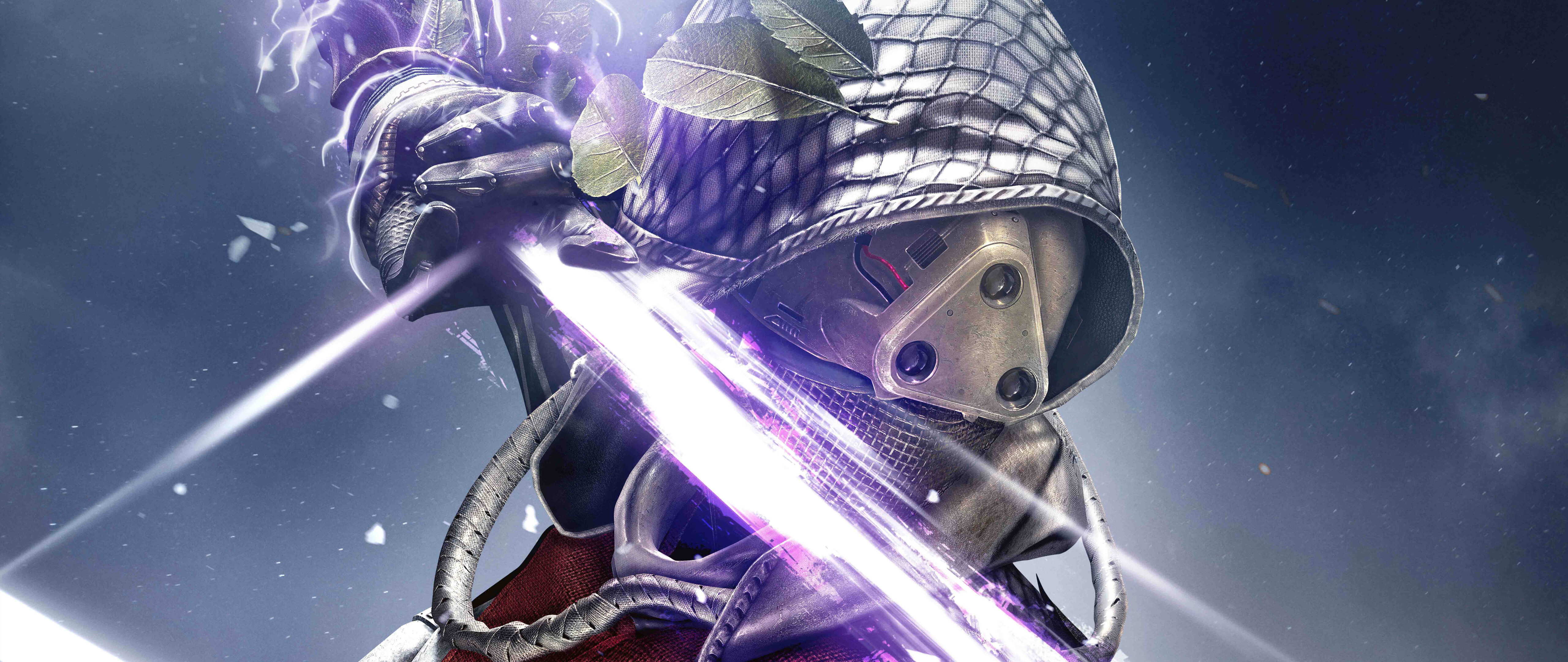 Szczegółowo przedstawiony strażnik z gatunku science fiction, pochodzący z gry Destiny, ubrany w świecące elementy pancerza i hełm, na tle gwiazd i mgławic.