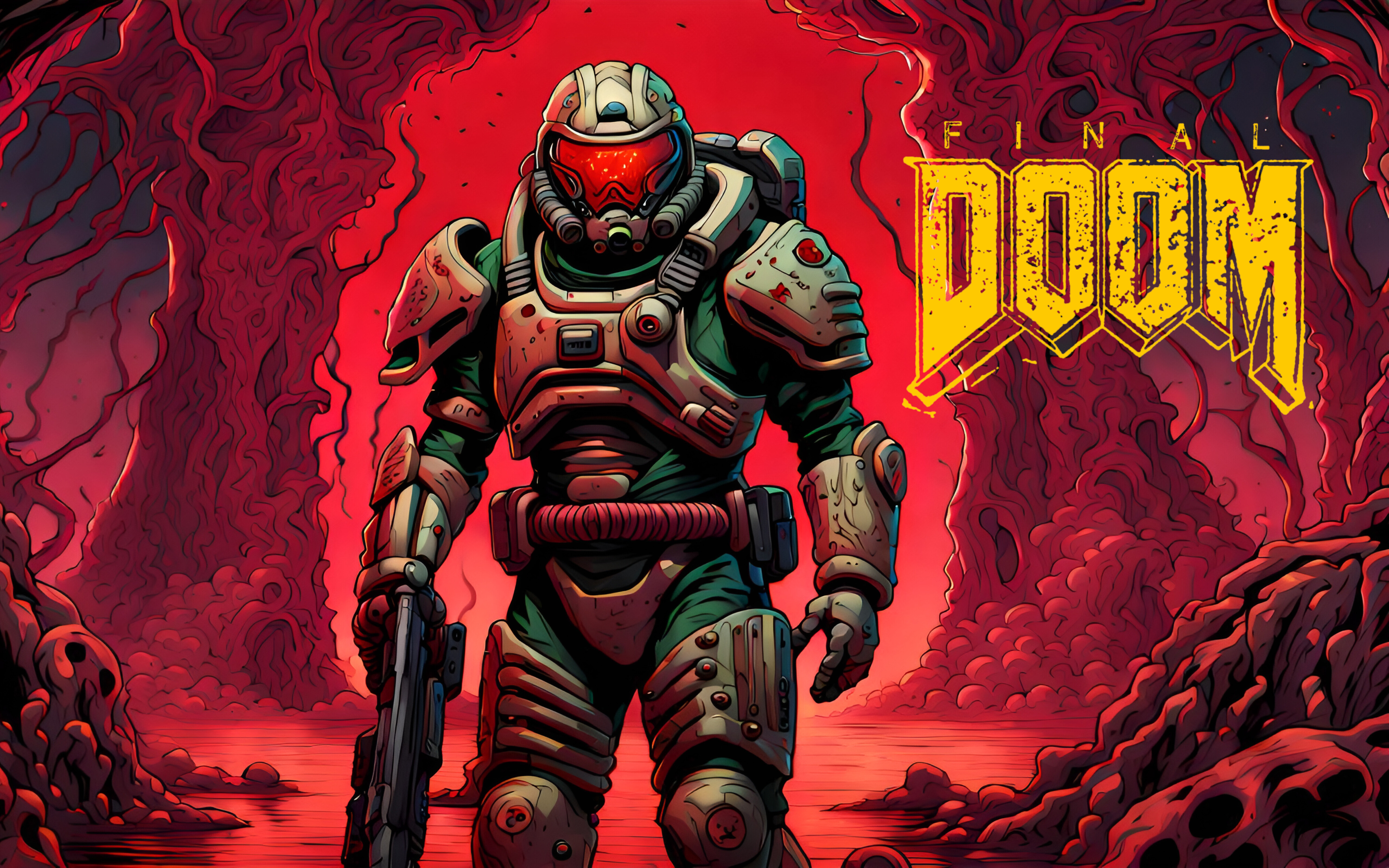 Doomguy, bohater serii gier komputerowych Doom, stoi pośród mrocznego i piekielnego krajobrazu.