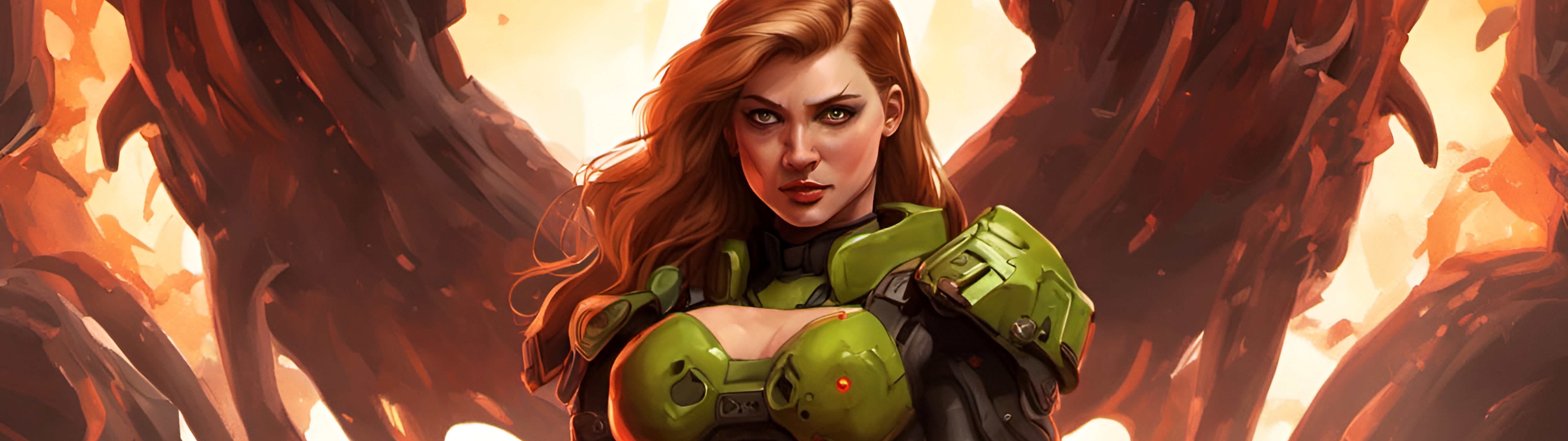 Żeńska wojowniczka w ciężkiej zbroi, dzierżąca dużą broń palną i walcząca z demonem, stworzona w oparciu o motywy z serii gier komputerowych DOOM.