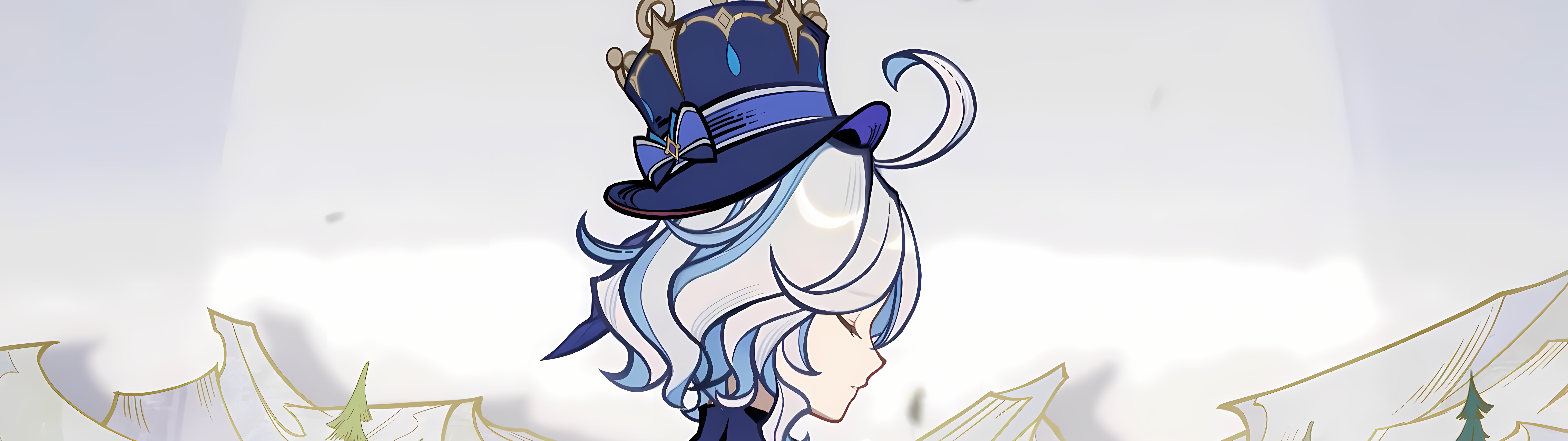 Piękne przedstawienie Furiny z gry Genshin Impact, ukazujące jej bogato zdobiony, niebieski strój i teatralną prezencję.