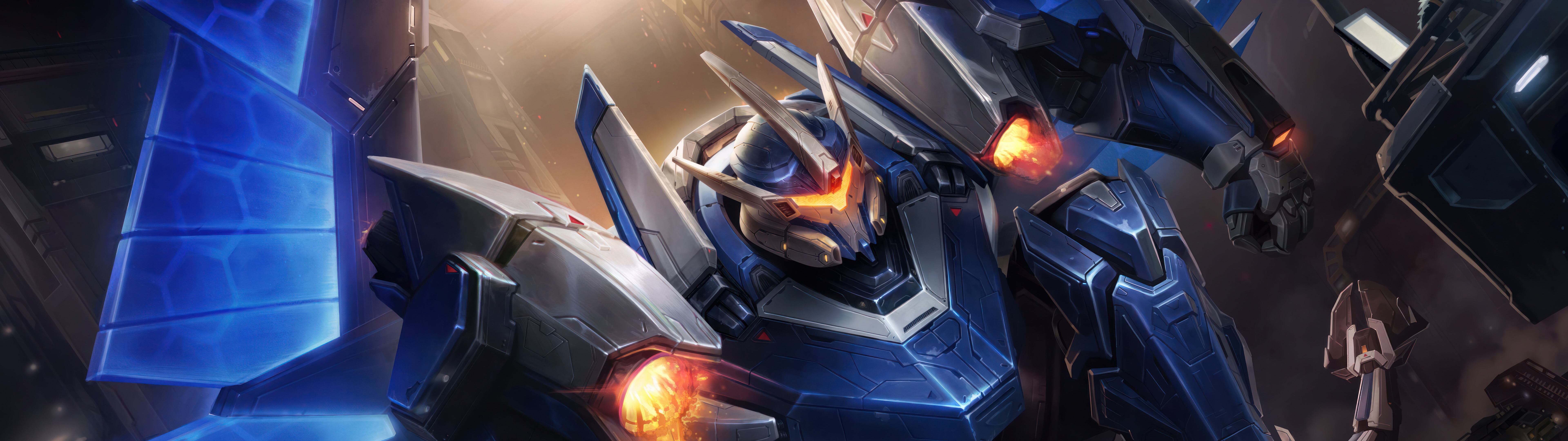 Ogromny robot w stylu mecha, inspirowany postacią Galio z gry League of Legends, charakteryzujący się masywną metalową powłoką i świecącymi elementami energetycznymi.