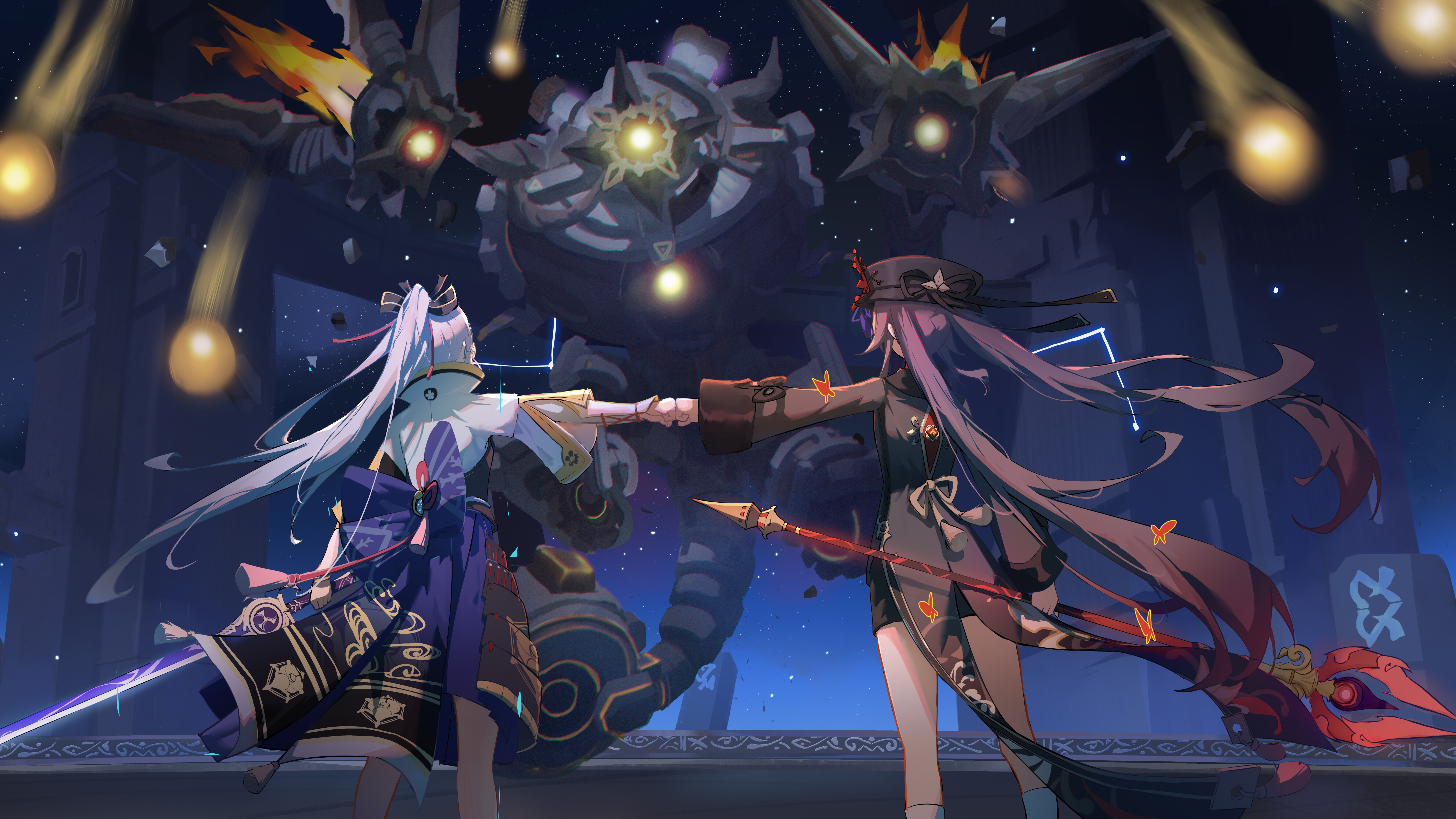 Artystyczna ilustracja przedstawiająca Kamisato Ayakę i Hu Tao, postacie z gry Genshin Impact.