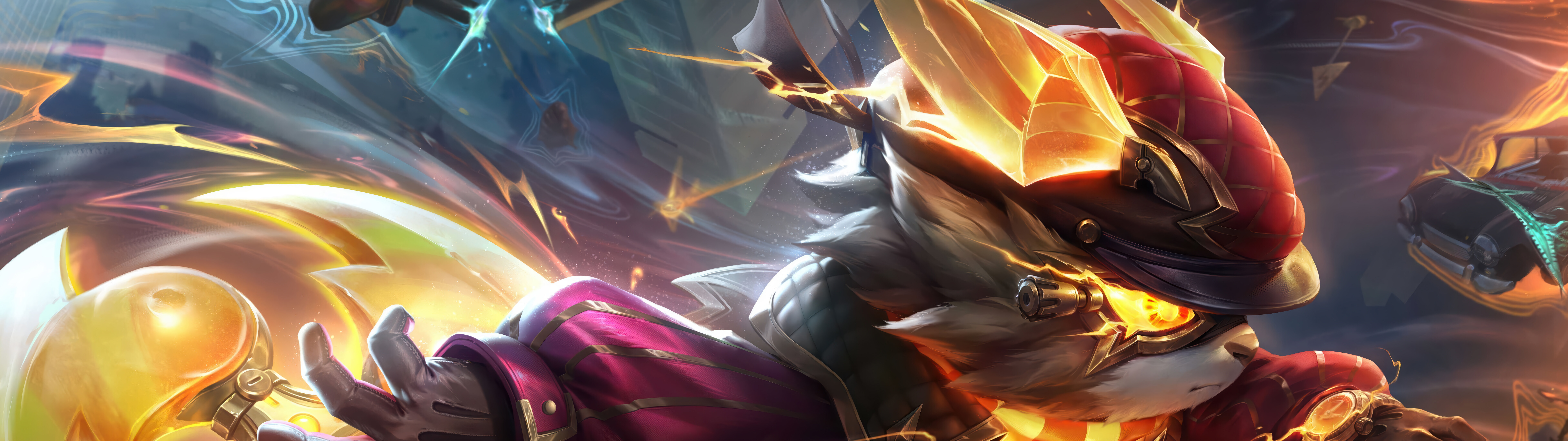 Dynamiczna ilustracja przedstawiająca Kennena z gry League of Legends, z elementami elektrycznych iskier i energii.