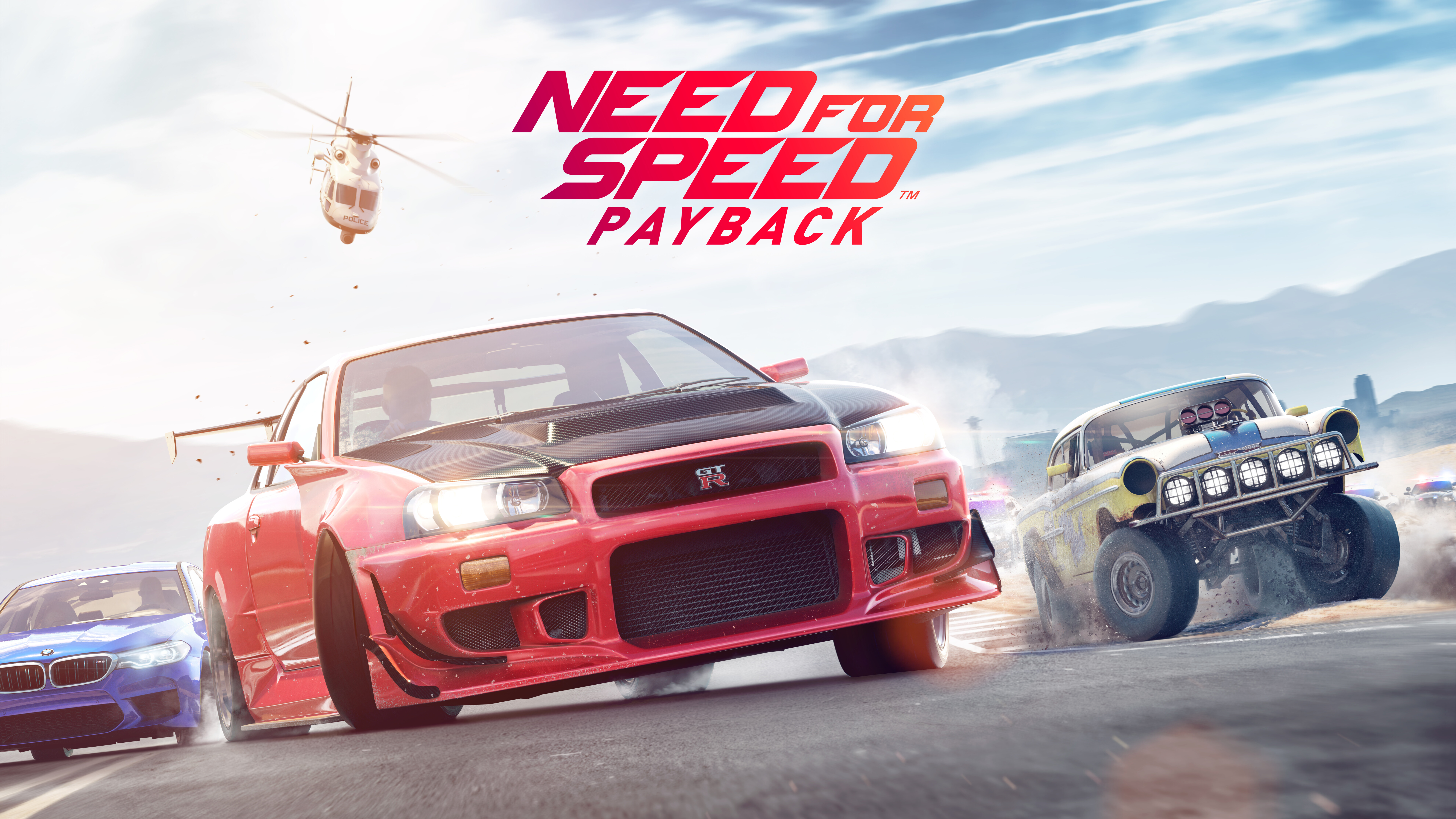 Sportowy samochód Nissan GT-R, uwieczniony w dynamicznej scenie ulicznych wyścigów, nawiązującej do gry wideo Need for Speed Payback.
