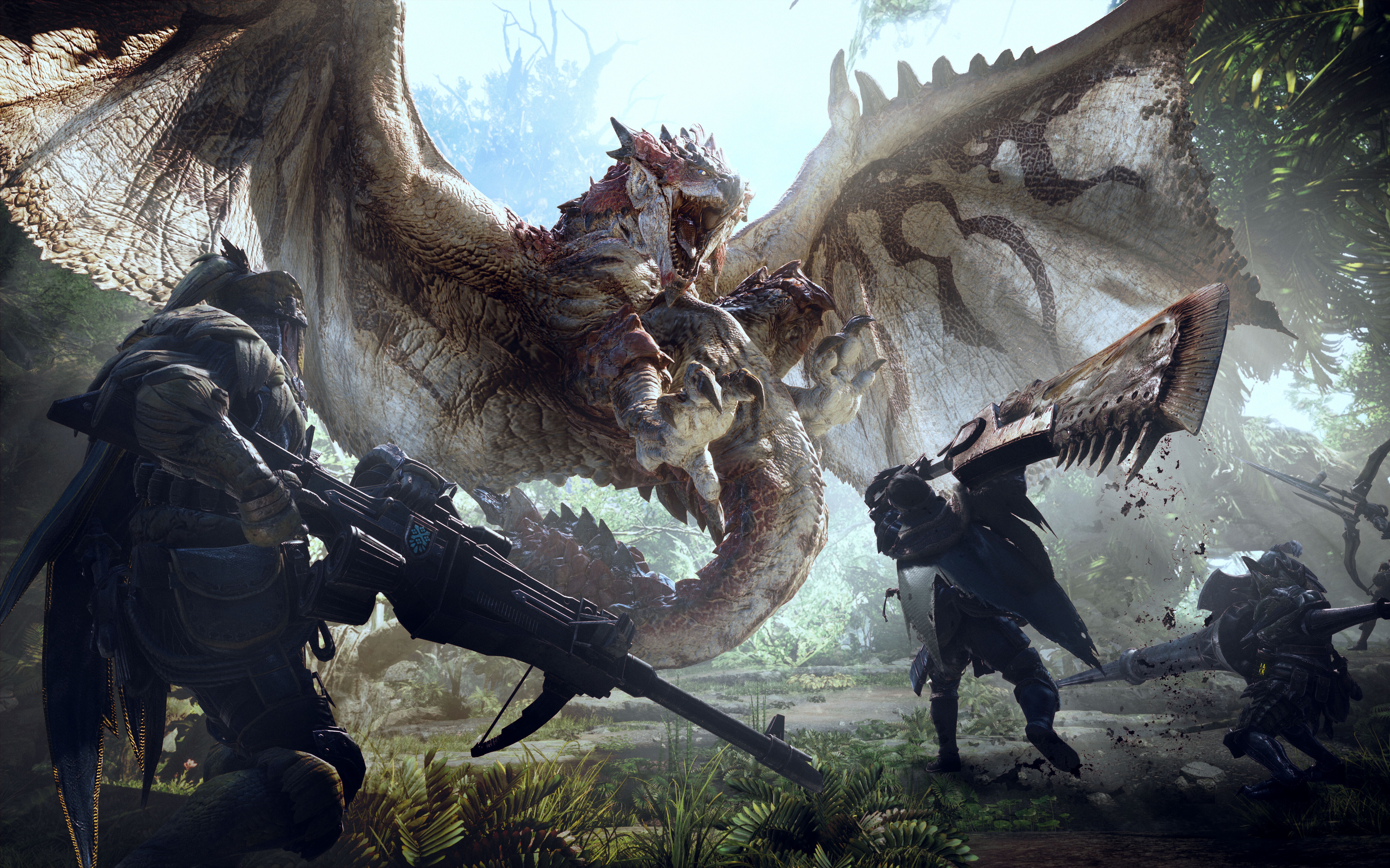 Efektowny kadr filmowy przedstawiający łowcę przygotowującego się do walki z smokiem Rathalosem z gry Monster Hunter: World.
